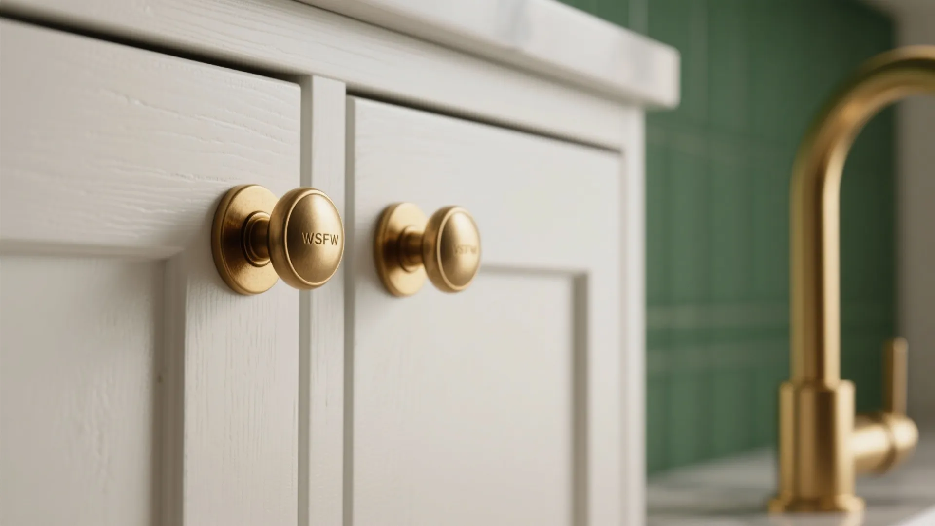 Close-up of brushed brass knob and matte gold faucet against white cabinet and green wall.