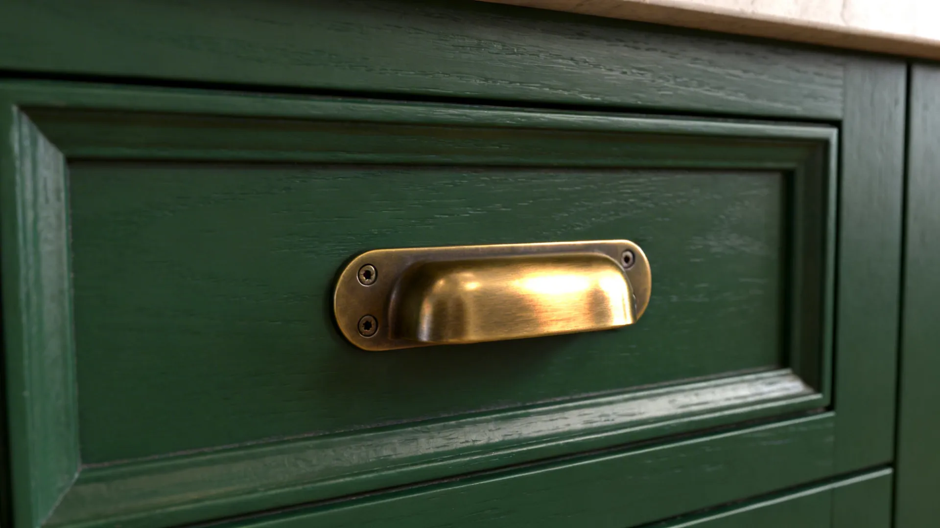 Detail of deep green painted cabinet with brushed brass pull showing texture and alignment