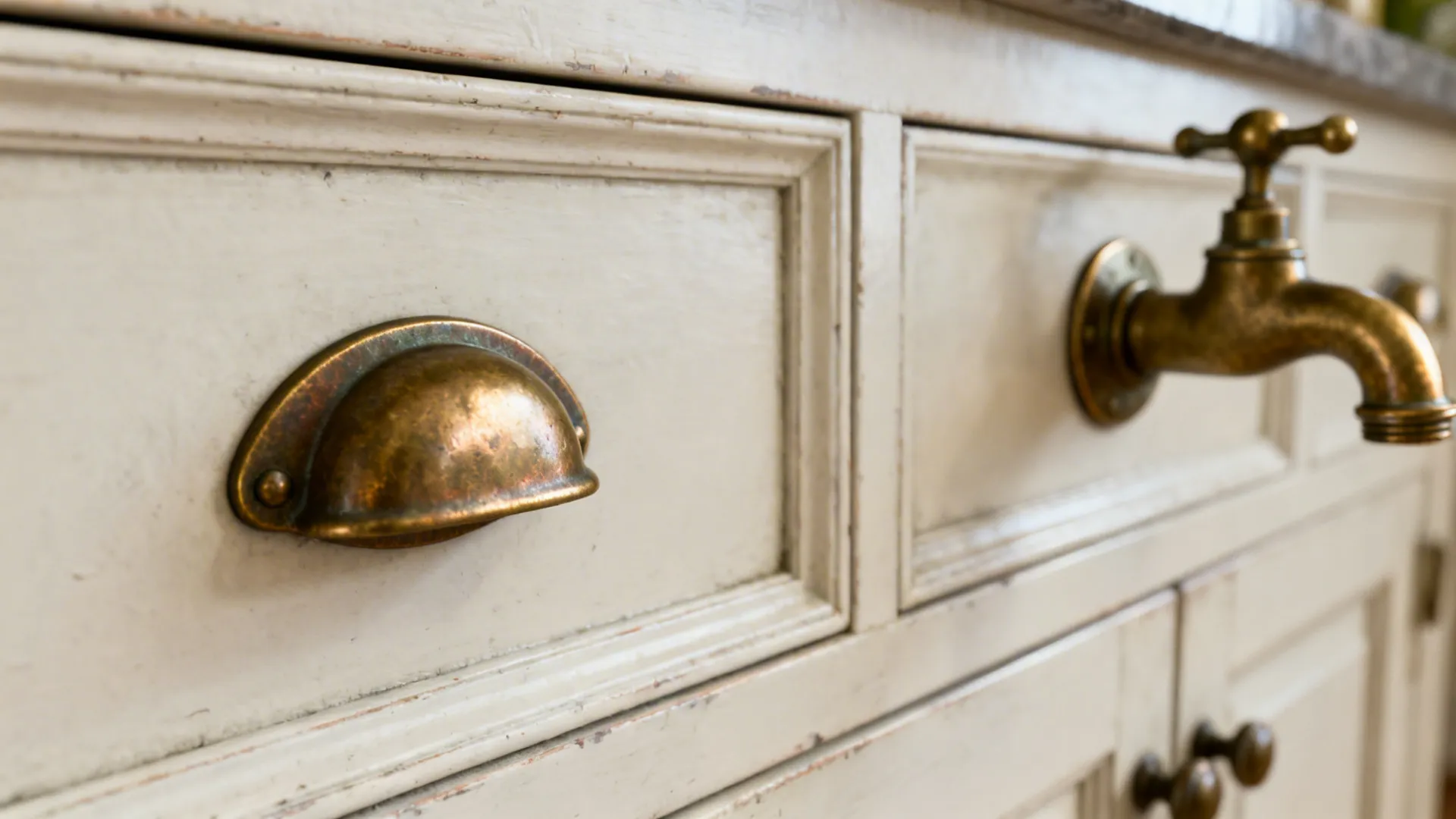 Close-up of antique brass hardware and vintage faucet on antique white cabinet
