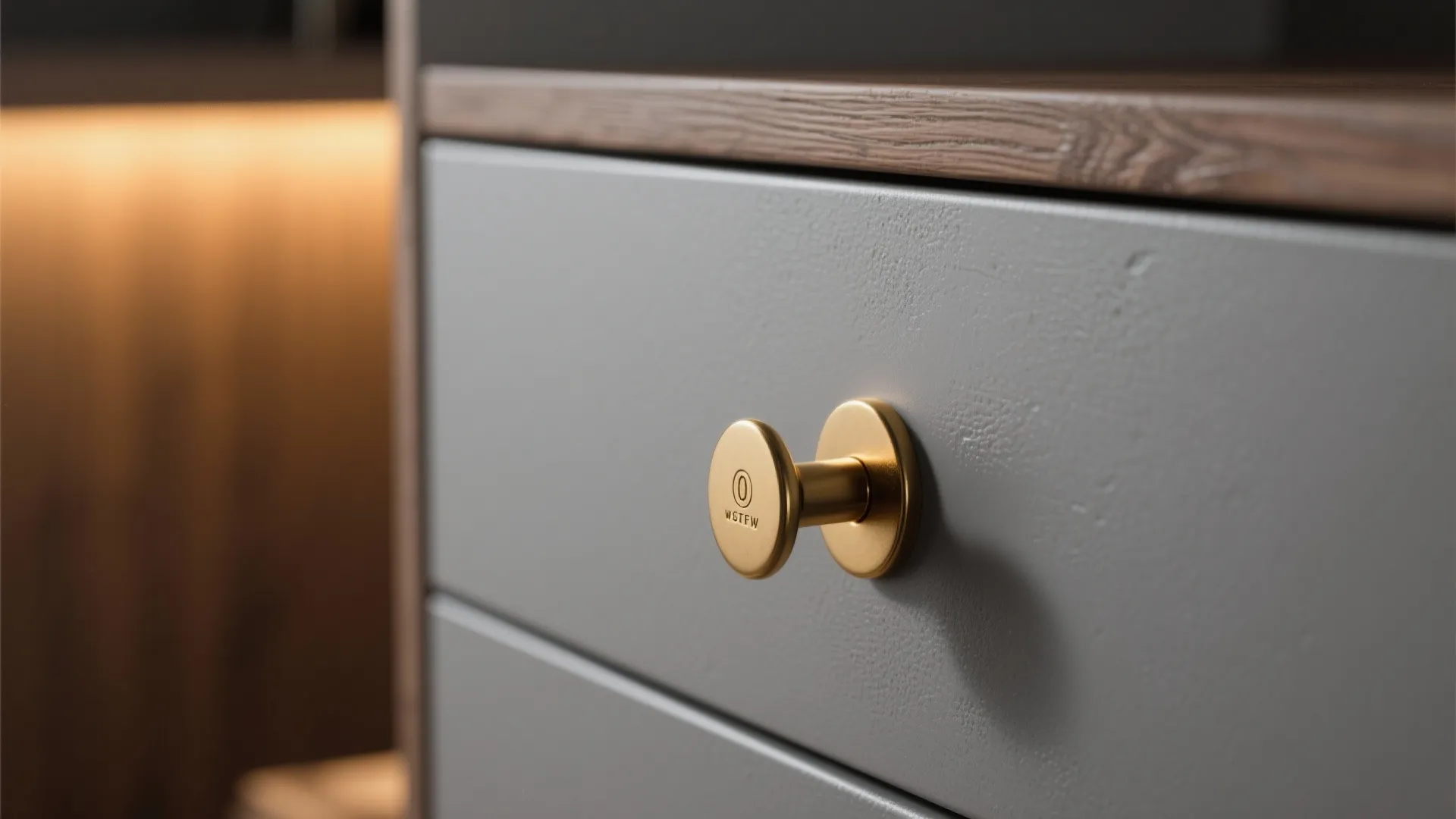4. Warm lighting and brass hardware to lift grey tones