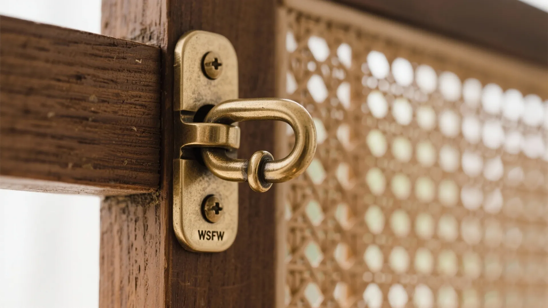 Close up of a metal brass latch on a wooden door frame with rattan mesh screen