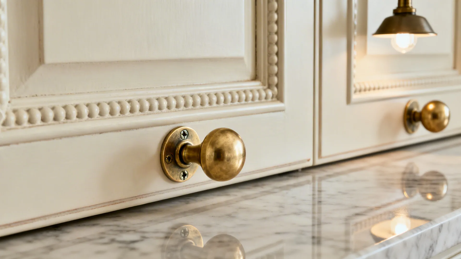 Macro of unlacquered brass cup pull and knob on beaded framed cabinet under warm light.
