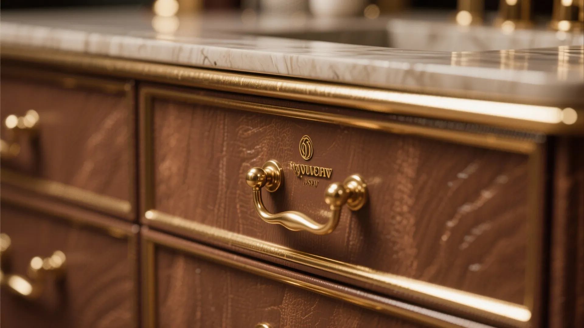 Close up view of brown wood cabinet drawers with gold handles and white marble countertop