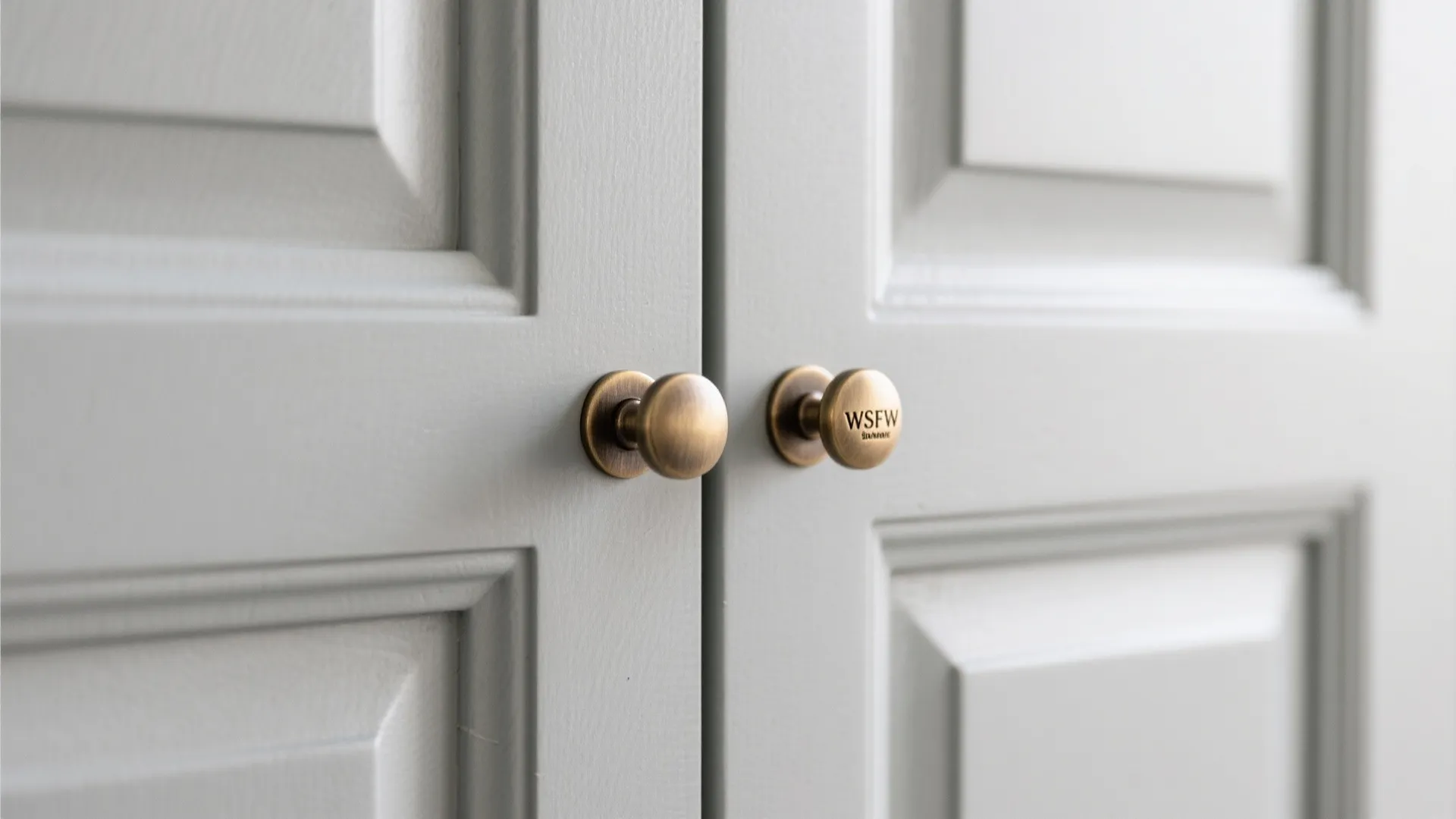 Close up of two round brass door knobs on a white wooden cabinet with recessed panels