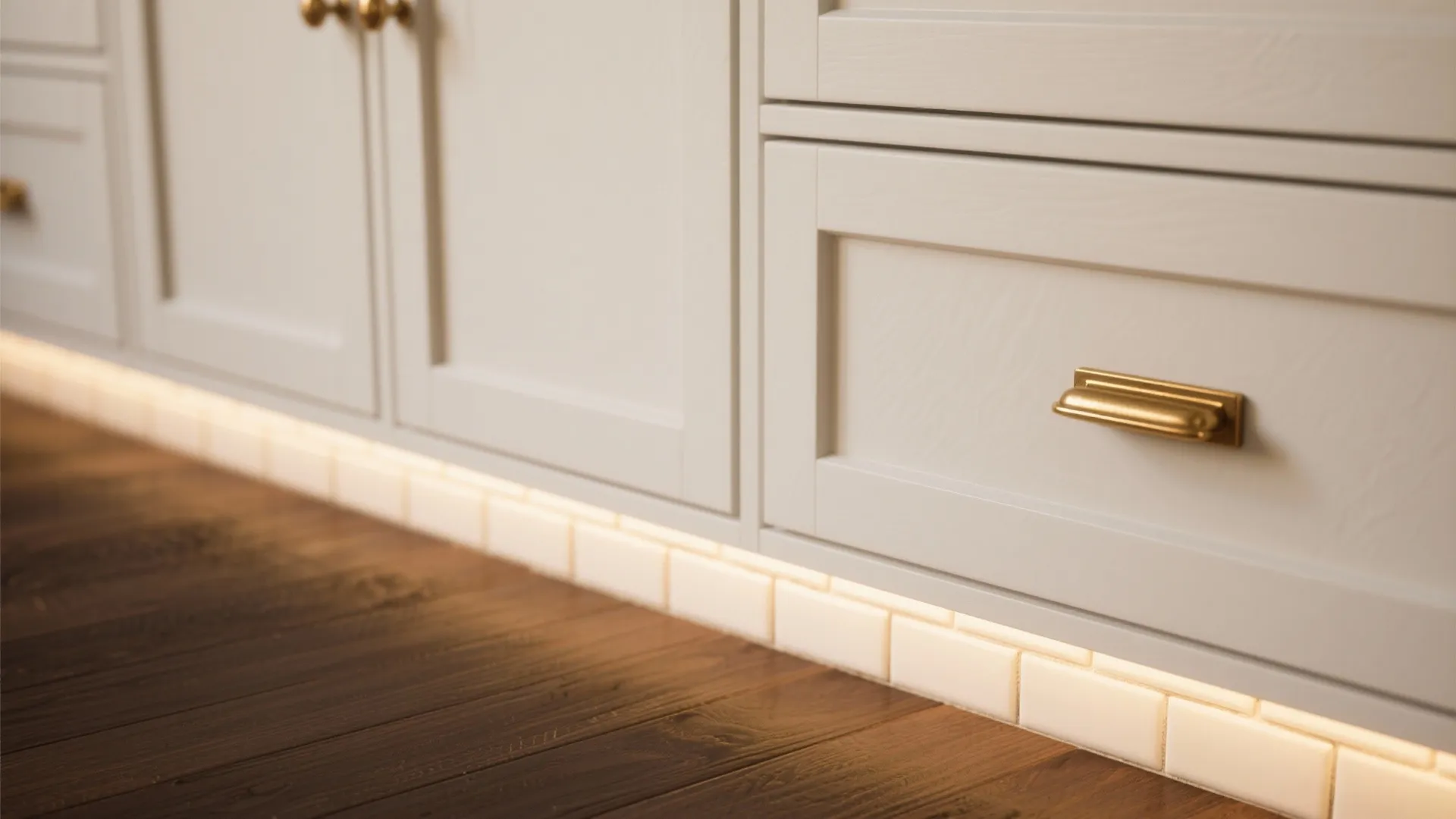 Brass cabinet pull on warm white cabinet with dark wood floor and under-cabinet lighting