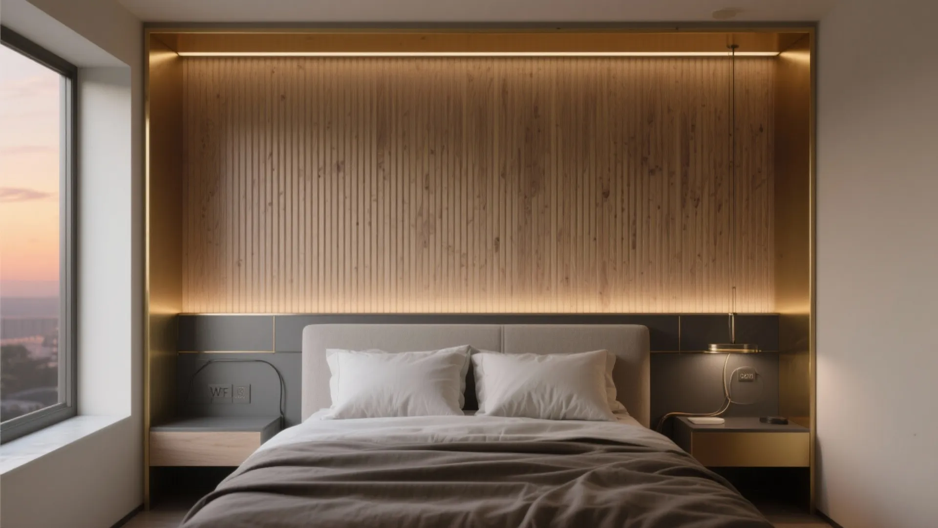 5) Metal-Framed Headboard Wall with Slats