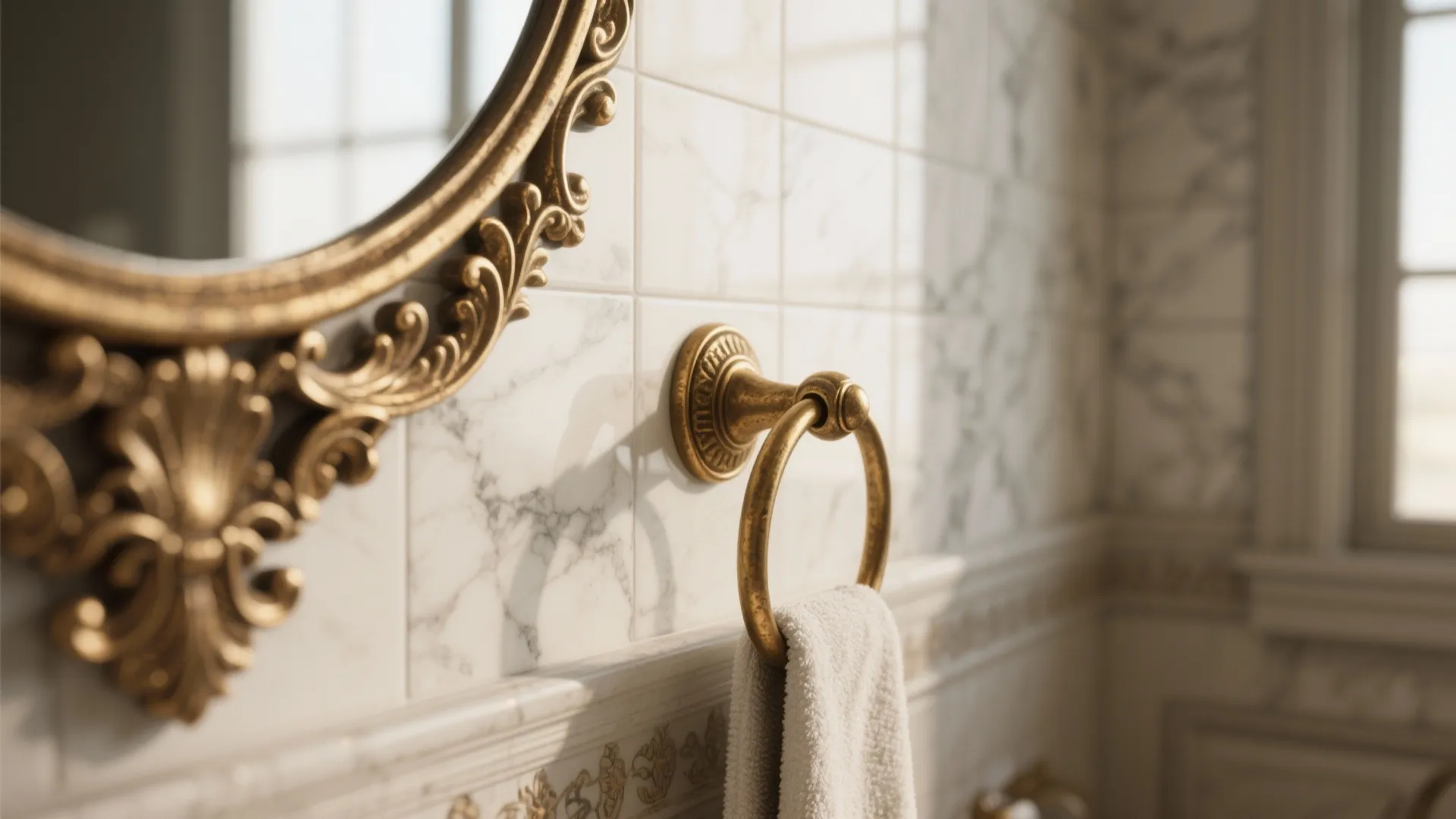 Ornate gold towel ring with white towel on white marble tile bathroom wall next to mirror
