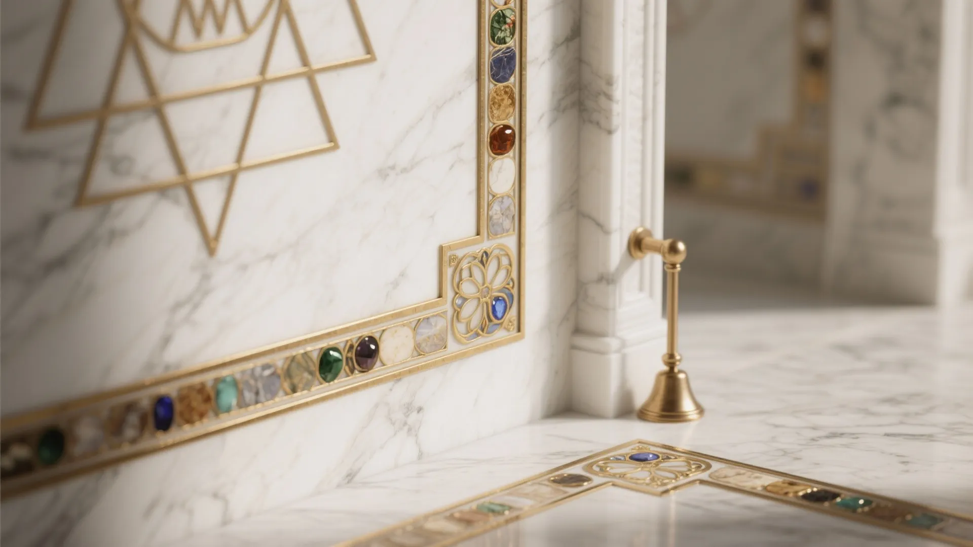 White marble wall with gold metal patterns and colorful stones and a small brass bell