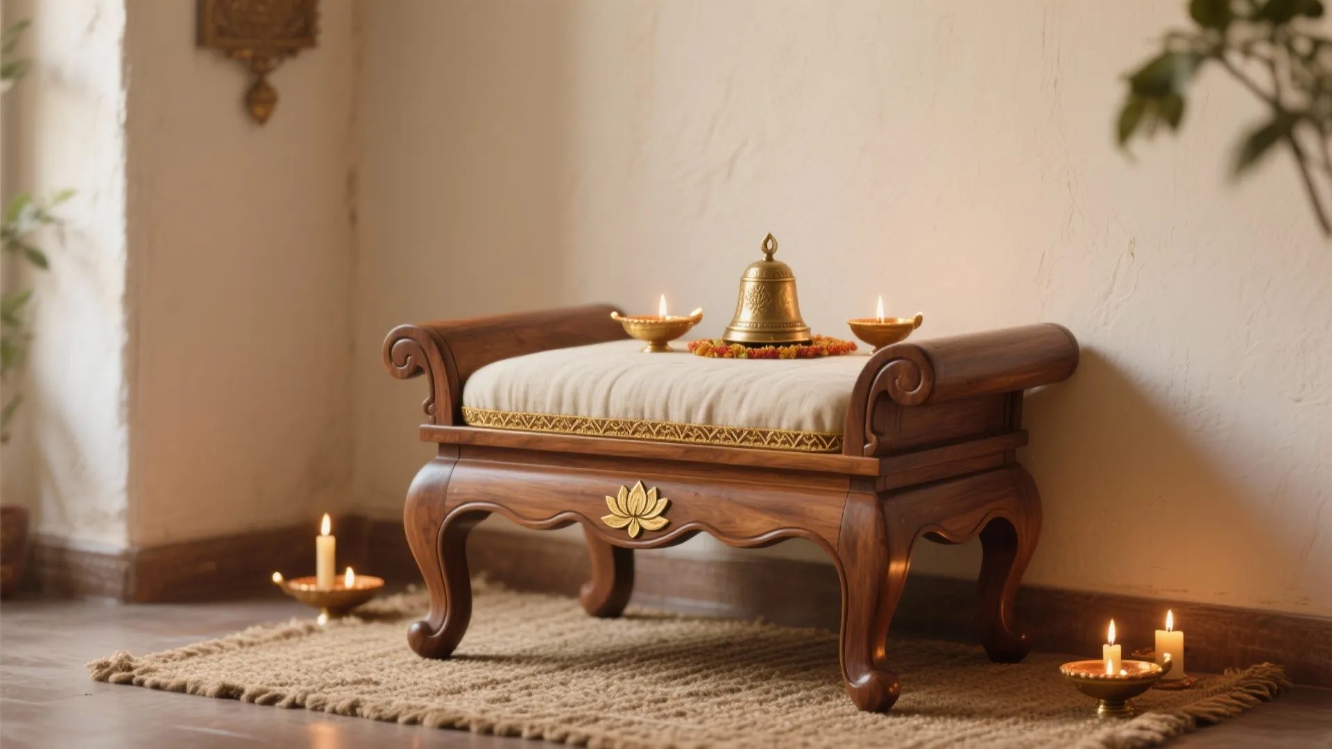 Brass-Inlay Teak Chowki with Delicate Turned Legs