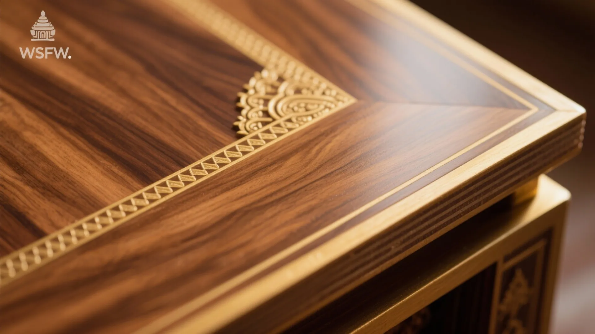 Close up of wooden furniture surface with gold pattern details and elegant carved corner design