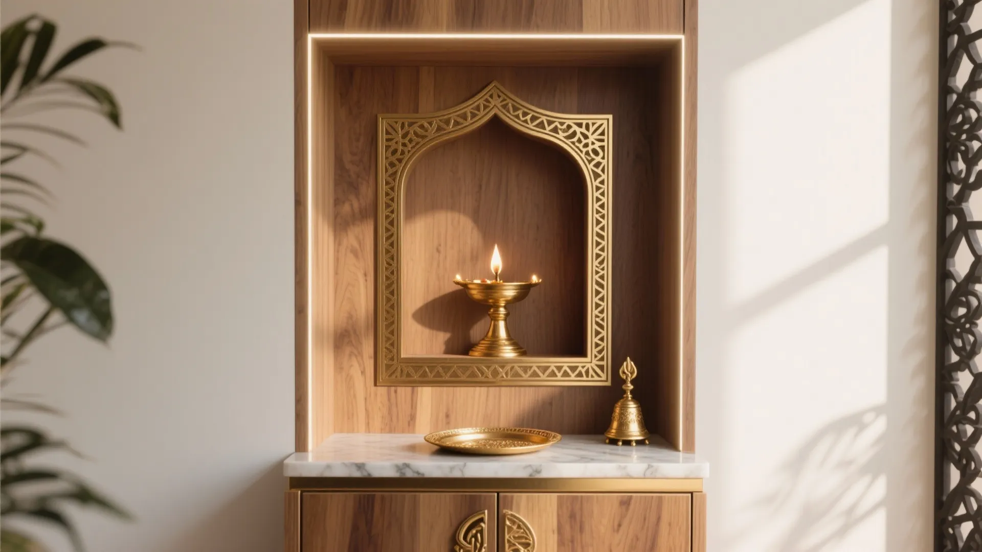 Plywood + Brass Accents for Warm Devotional Tone