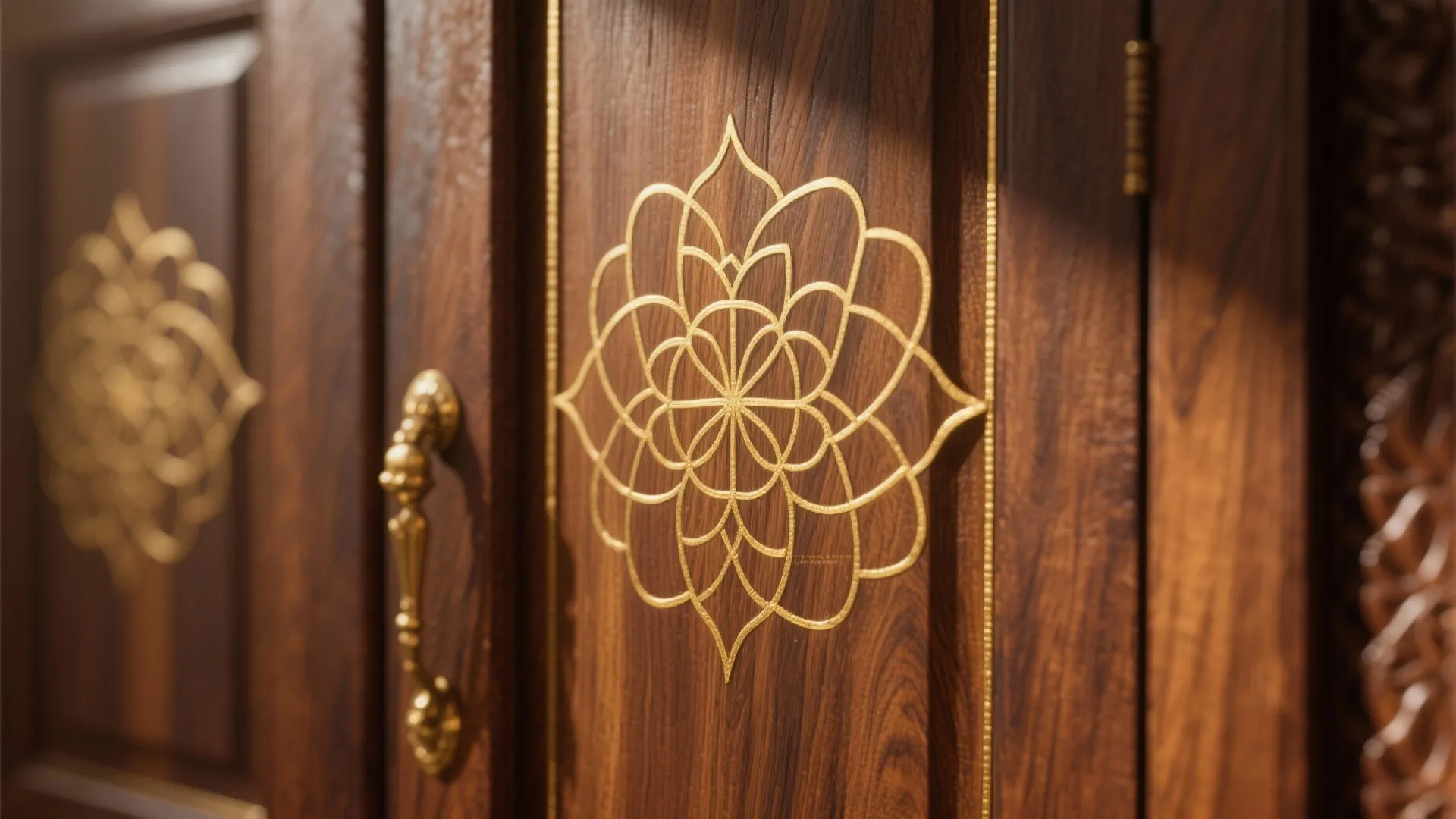 Close up of dark wood cabinet door with gold flower pattern and vintage metal handle