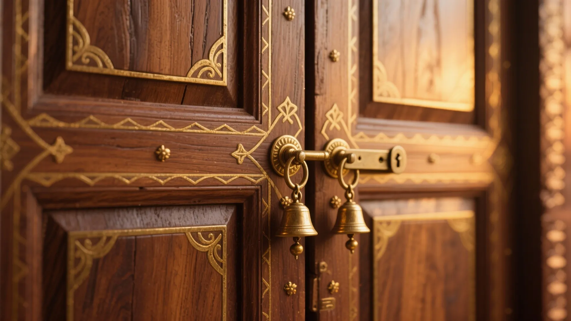 Dark wooden door with gold metal patterns and small bells hanging from the metal door latch