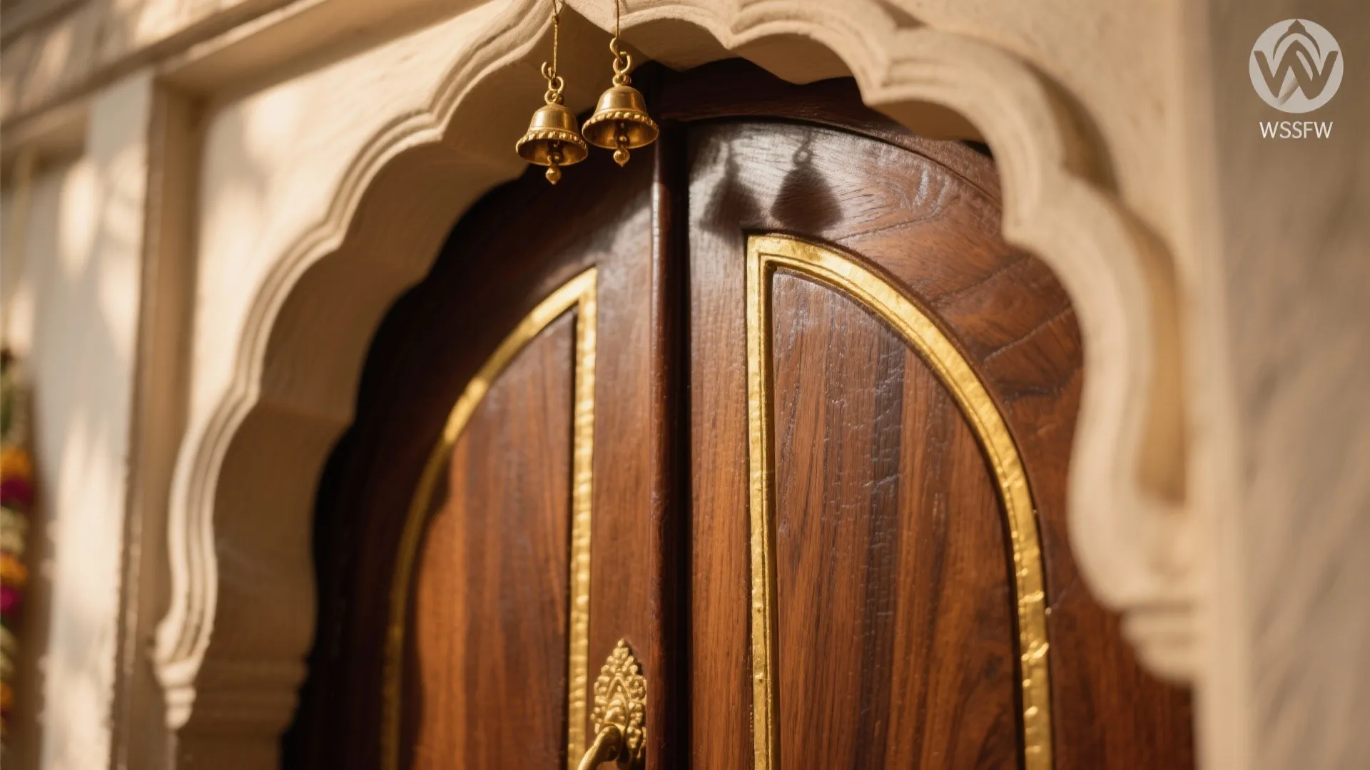Arched Solid Teak Door with Brass Inlay and Bells