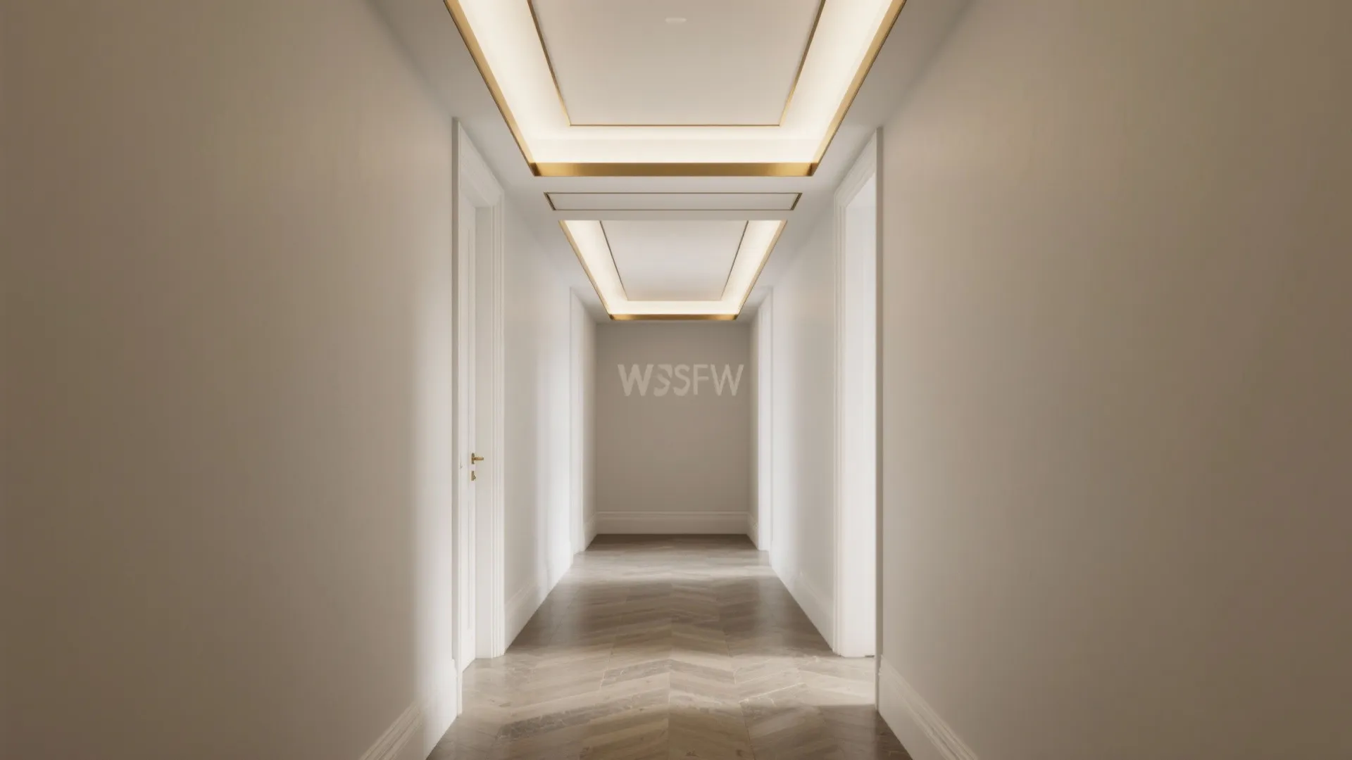 Modern hallway with wood flooring gold ceiling light details white walls and clean room layout