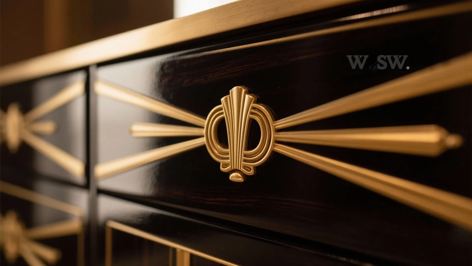 Close up view of a black wooden cabinet featuring decorative gold metal lines and handles
