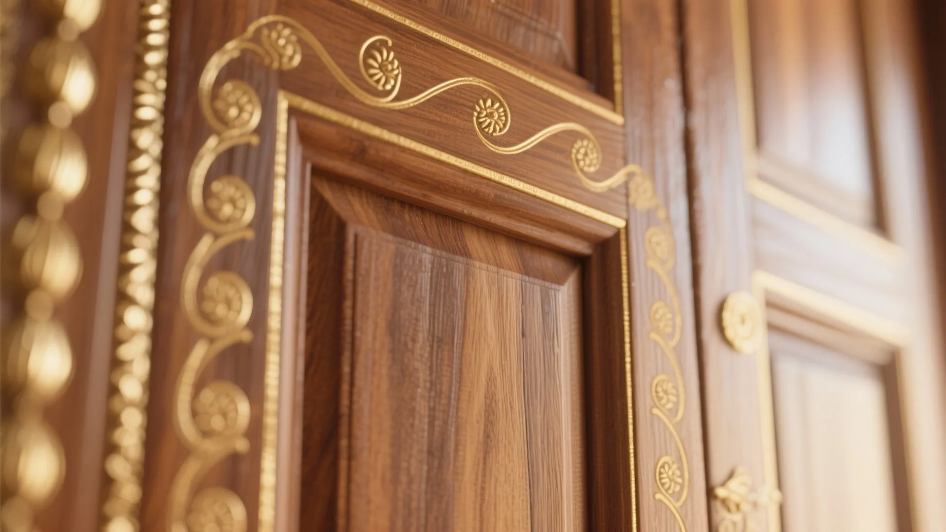 Close up of dark wood door panel with decorative gold floral patterns and gold lines