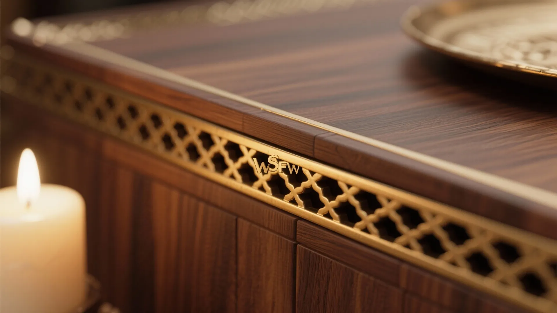 Warm plywood tones with brass and jaali accents