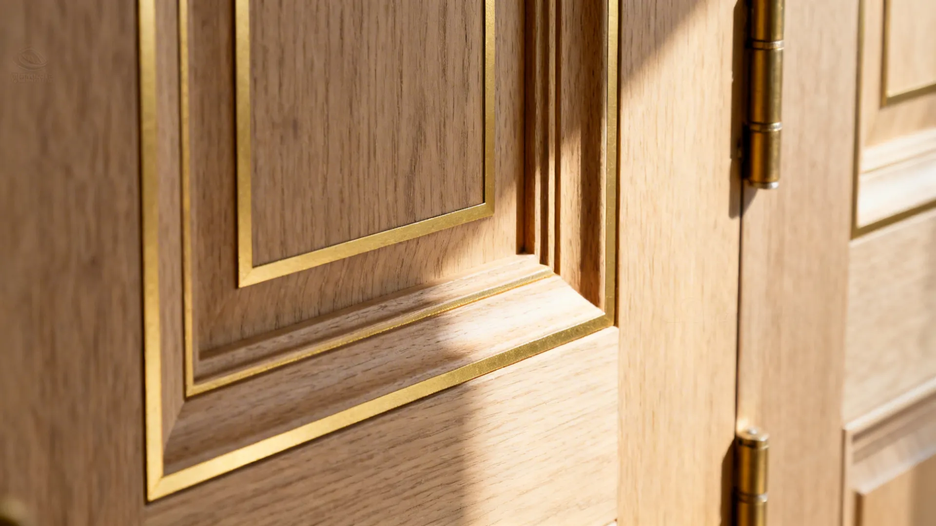 Macro of brass inlay set into CNC-cut grooves on a solid ash door frame with satin finish.