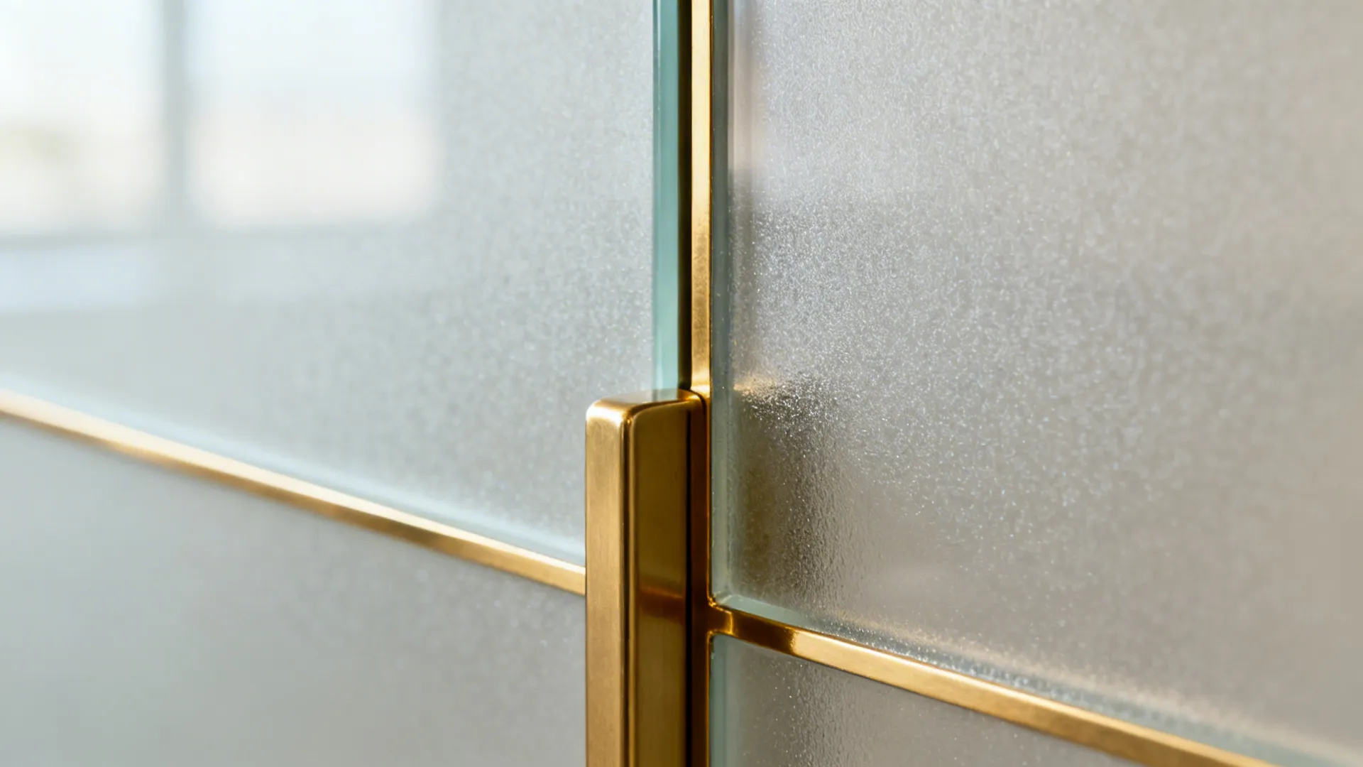 Macro of frosted glass and brass inlay near a slim pull handle.