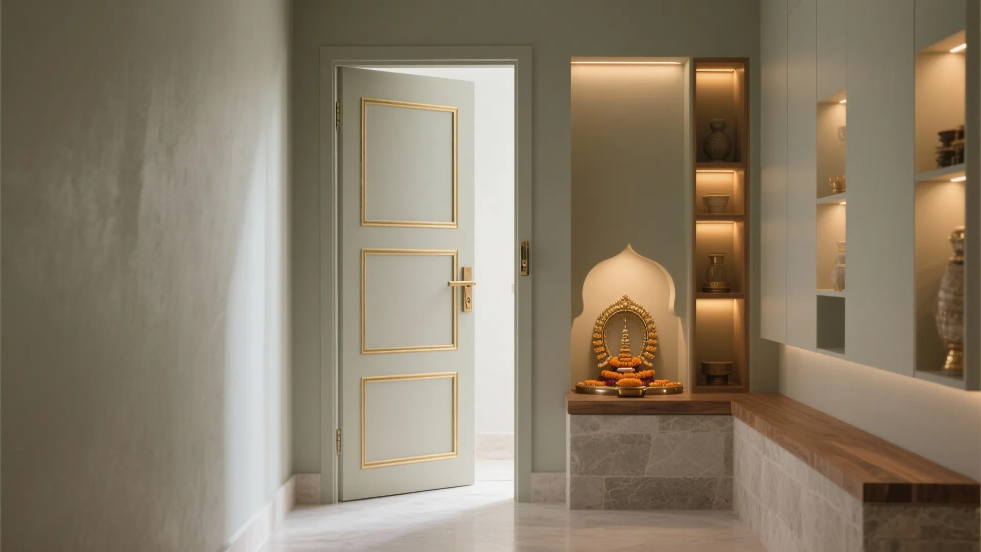 Matte painted single door with subtle brass inlay and concealed closer in a pooja nook.