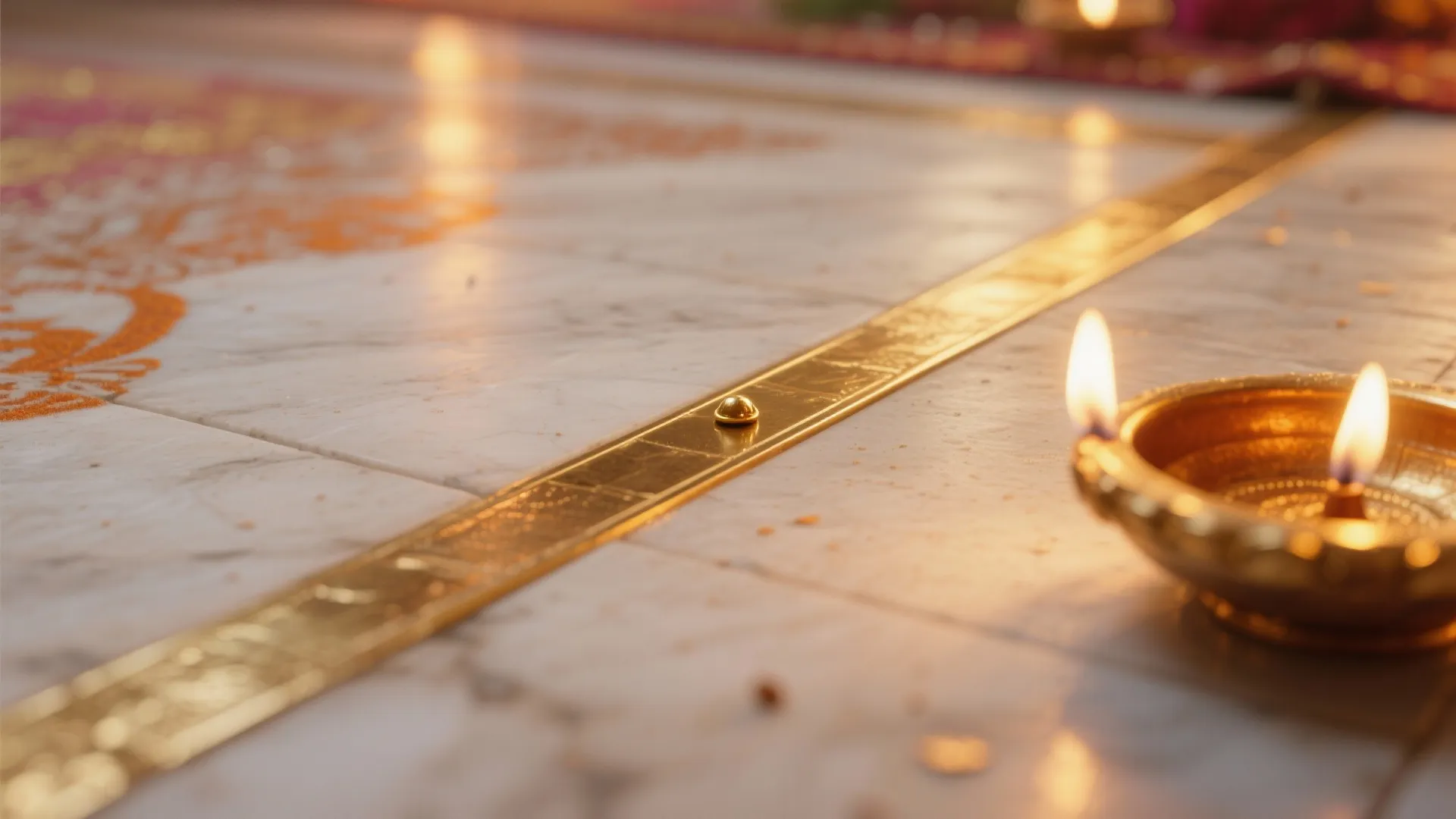 Close up of white marble floor with gold metal inlay and lit oil lamp light
