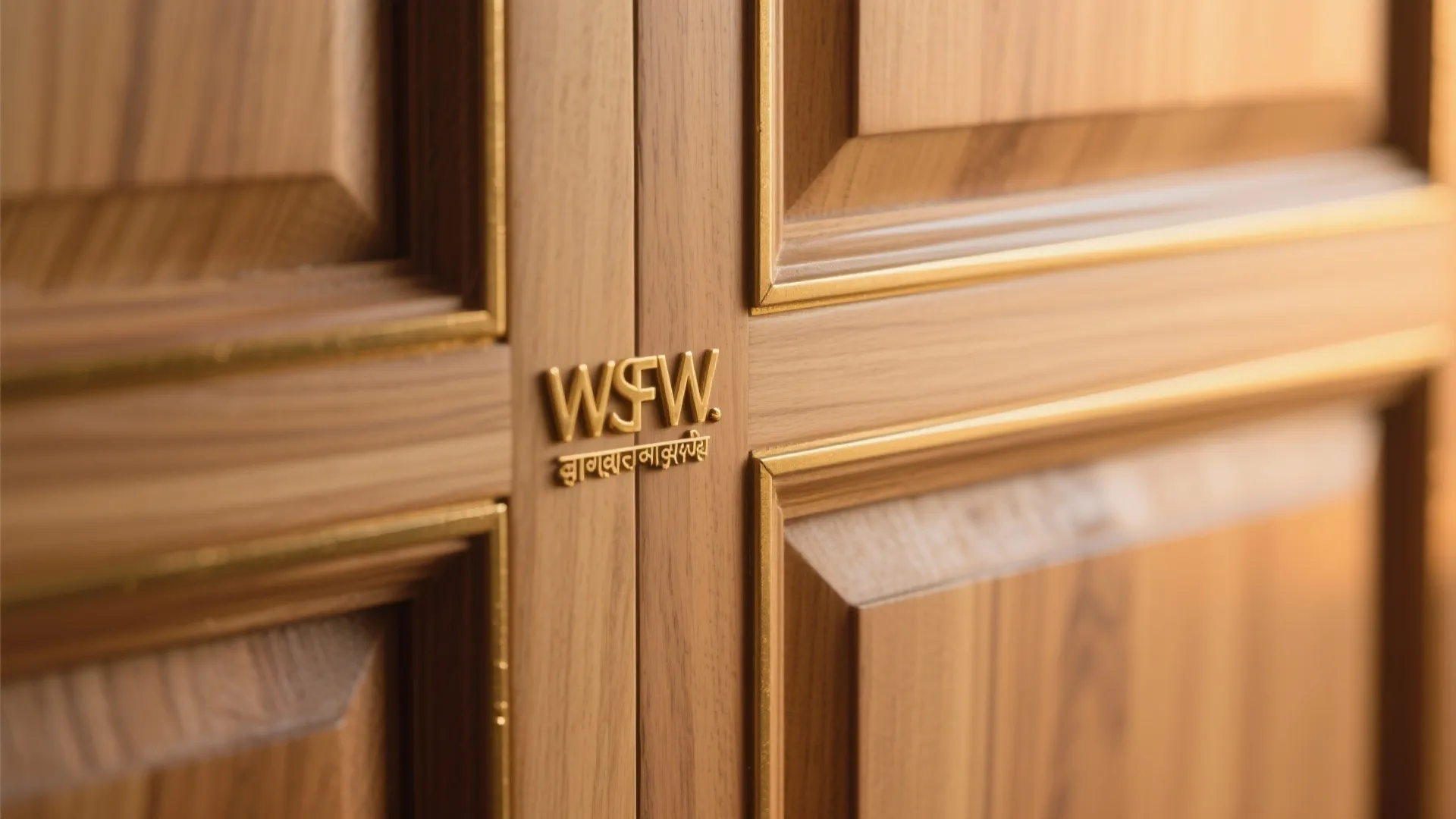Close up of wooden cabinet doors featuring gold metal inlay details and small gold lettering