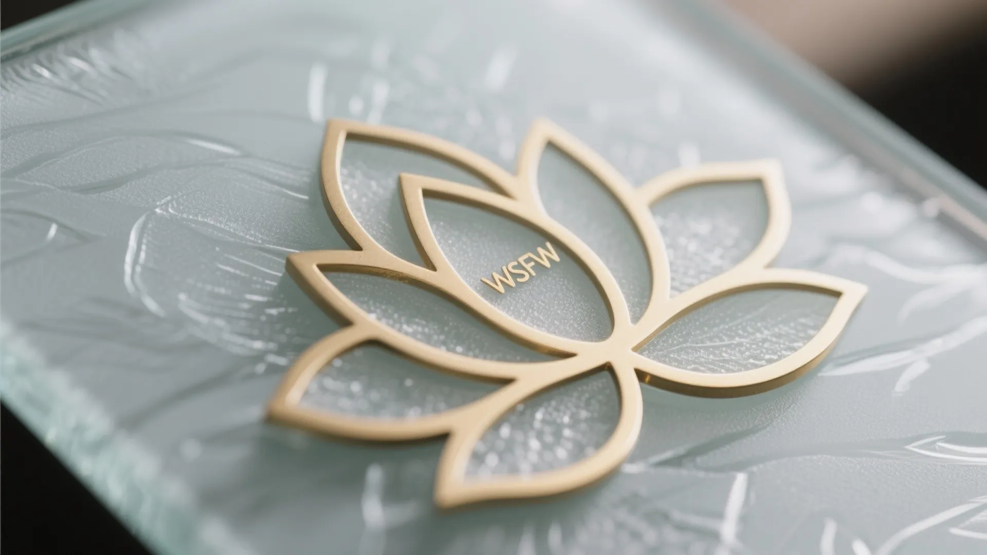 Macro view of satin brass inlay set into frosted glass with crisp, clean edges.