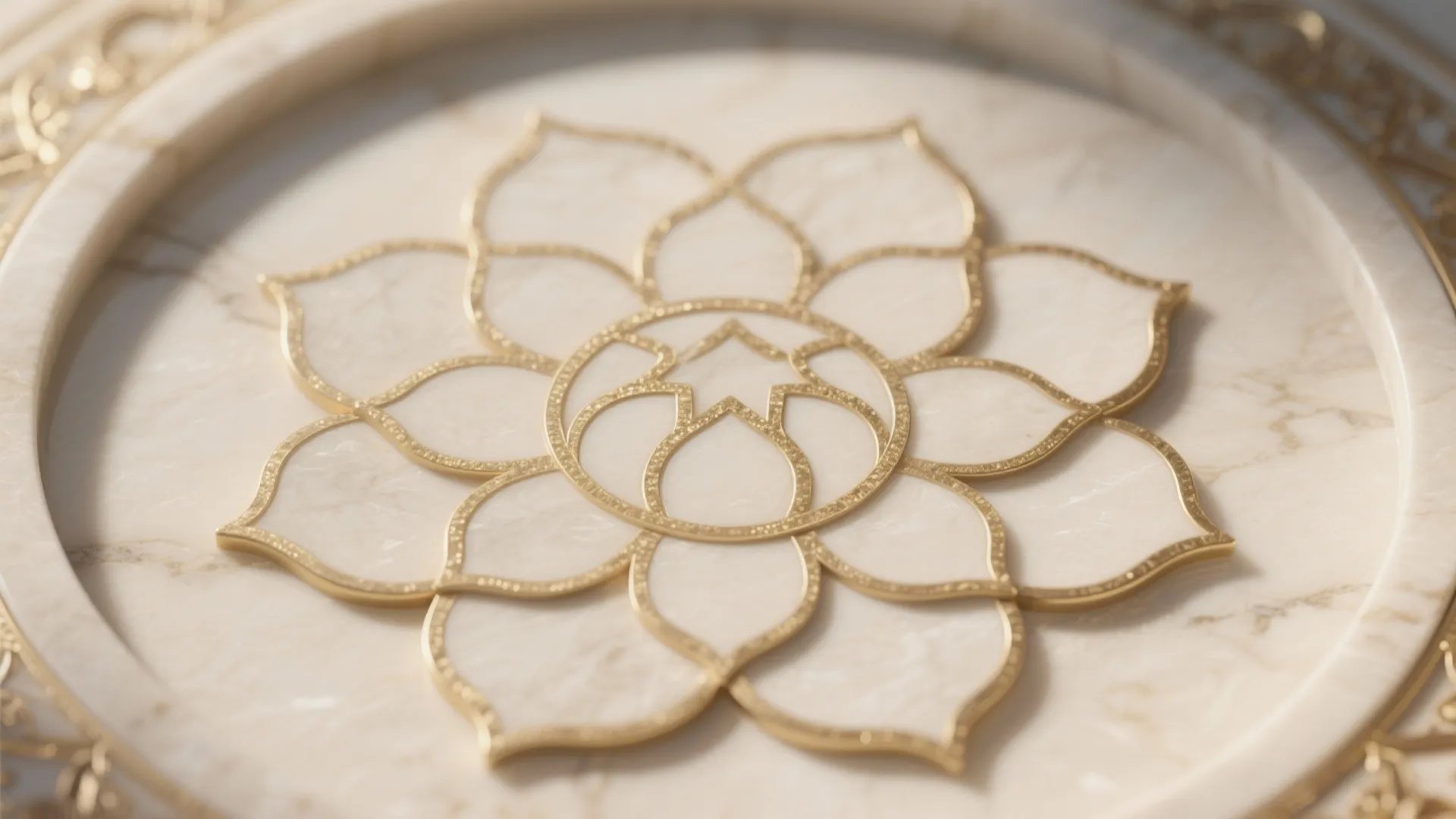 Close up view of white marble floor with gold metal flower pattern and elegant details