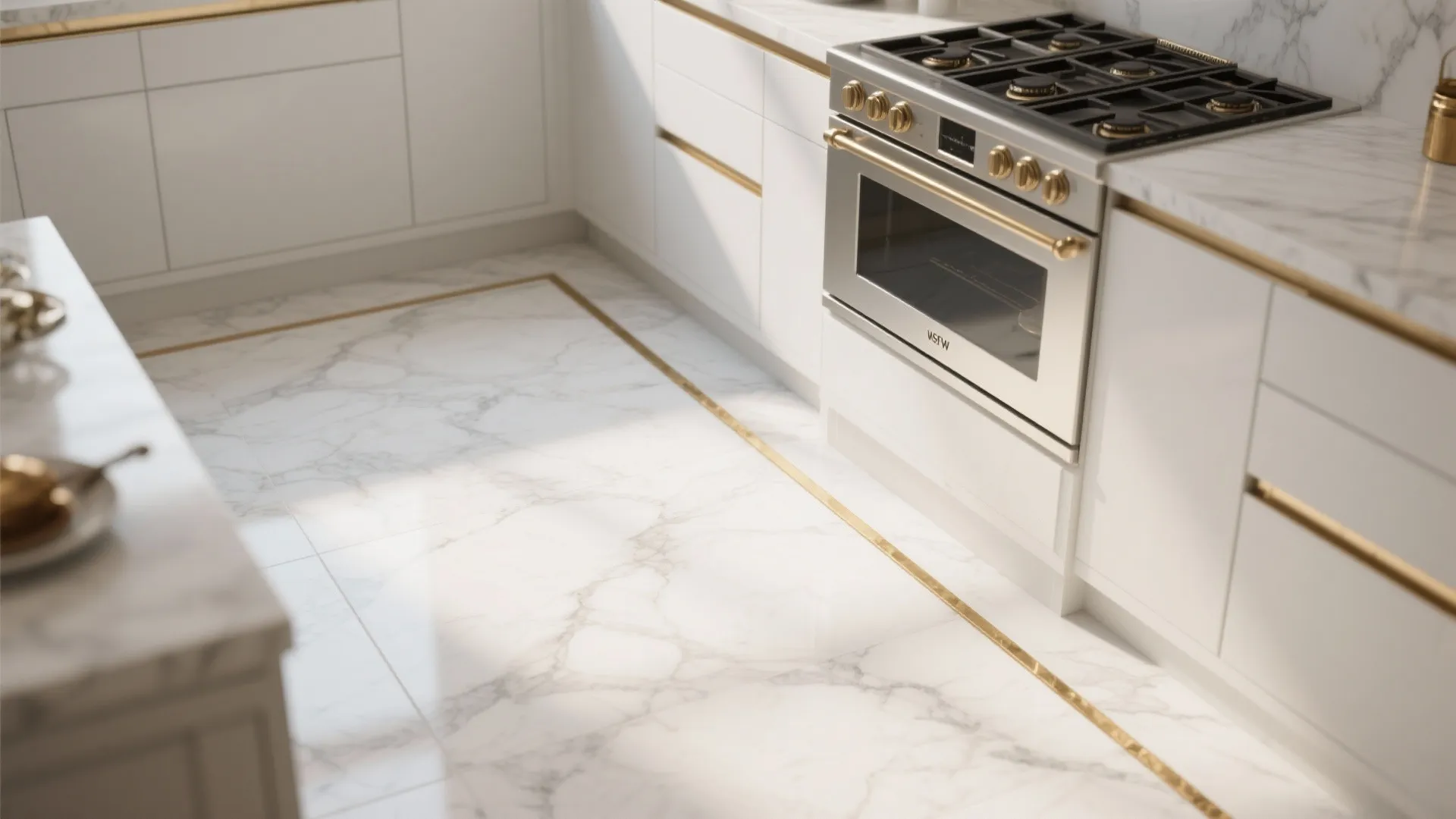 Modern white kitchen with marble floor and brass metal strips and stainless steel gas stove
