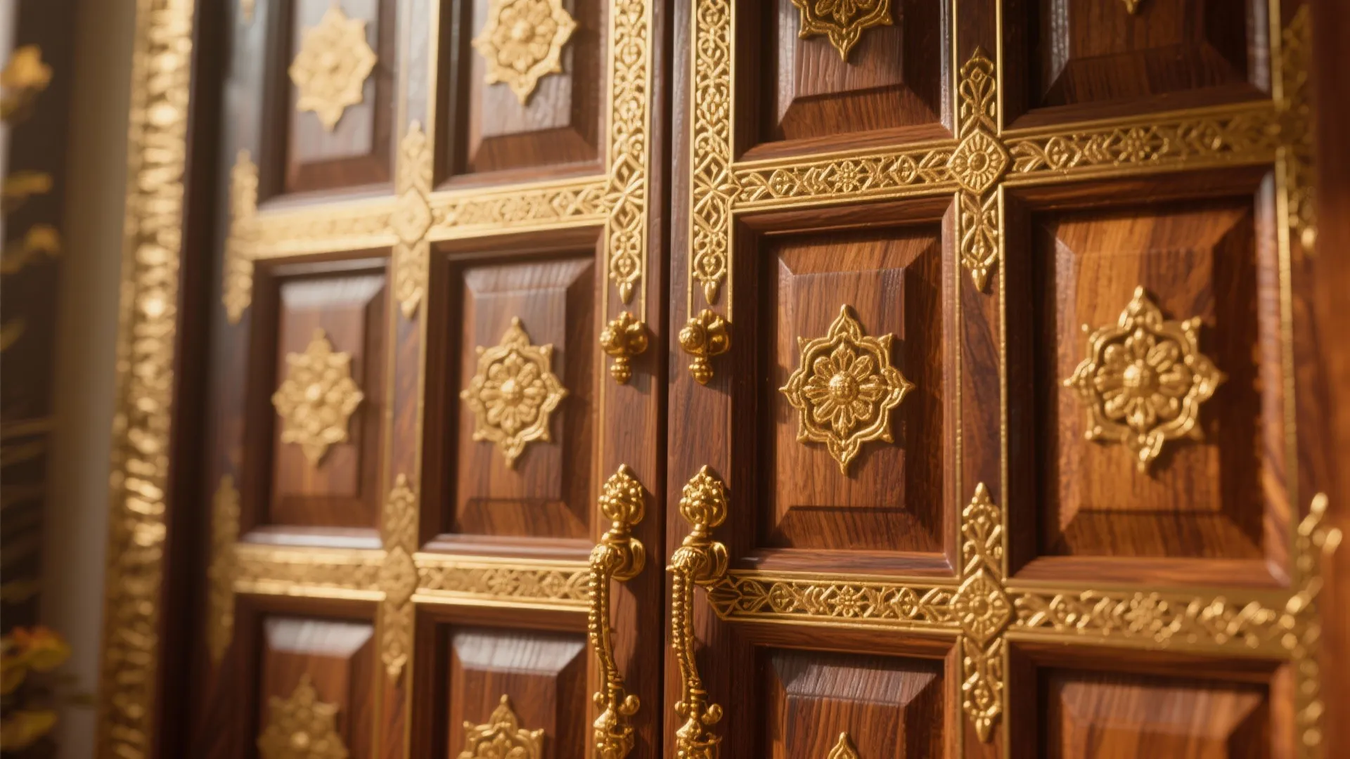 Close up of decorative dark wood cabinet with detailed gold patterns and ornate metal handles