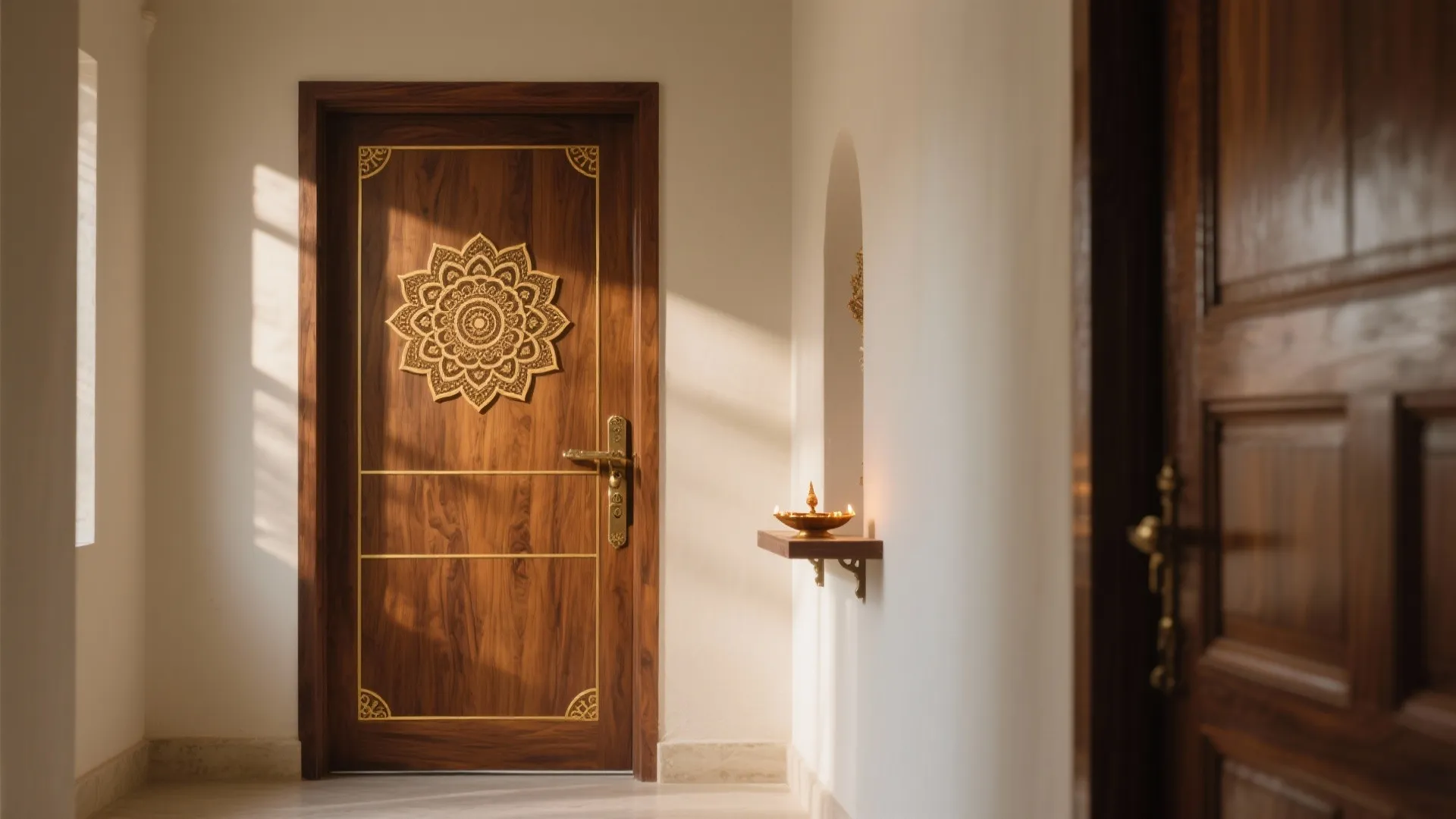 Wooden door with gold flower pattern and brass handle near small lamp in a hallway