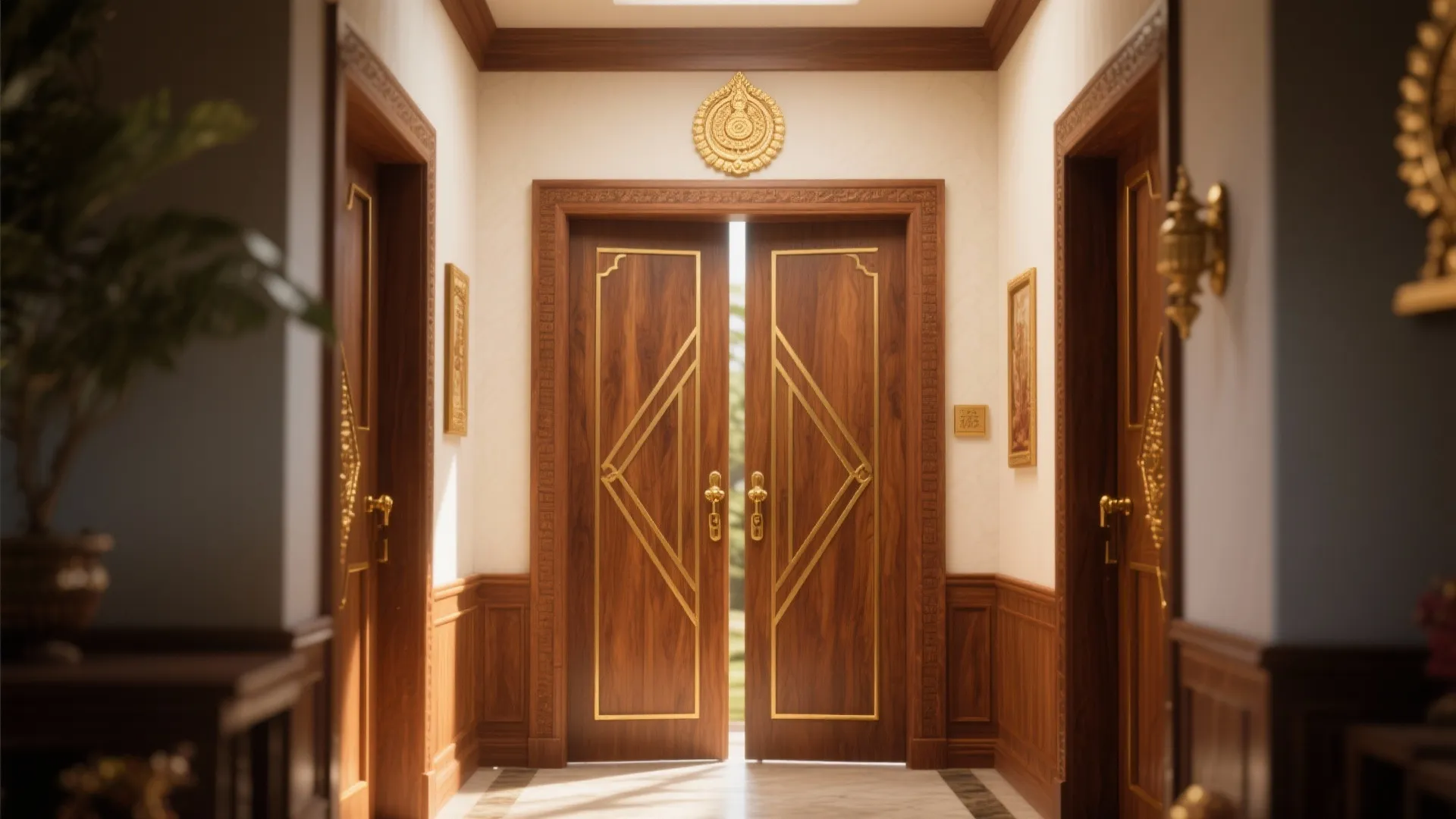 Elegant wooden hallway doors with gold metal pattern design and small wall light in corridor