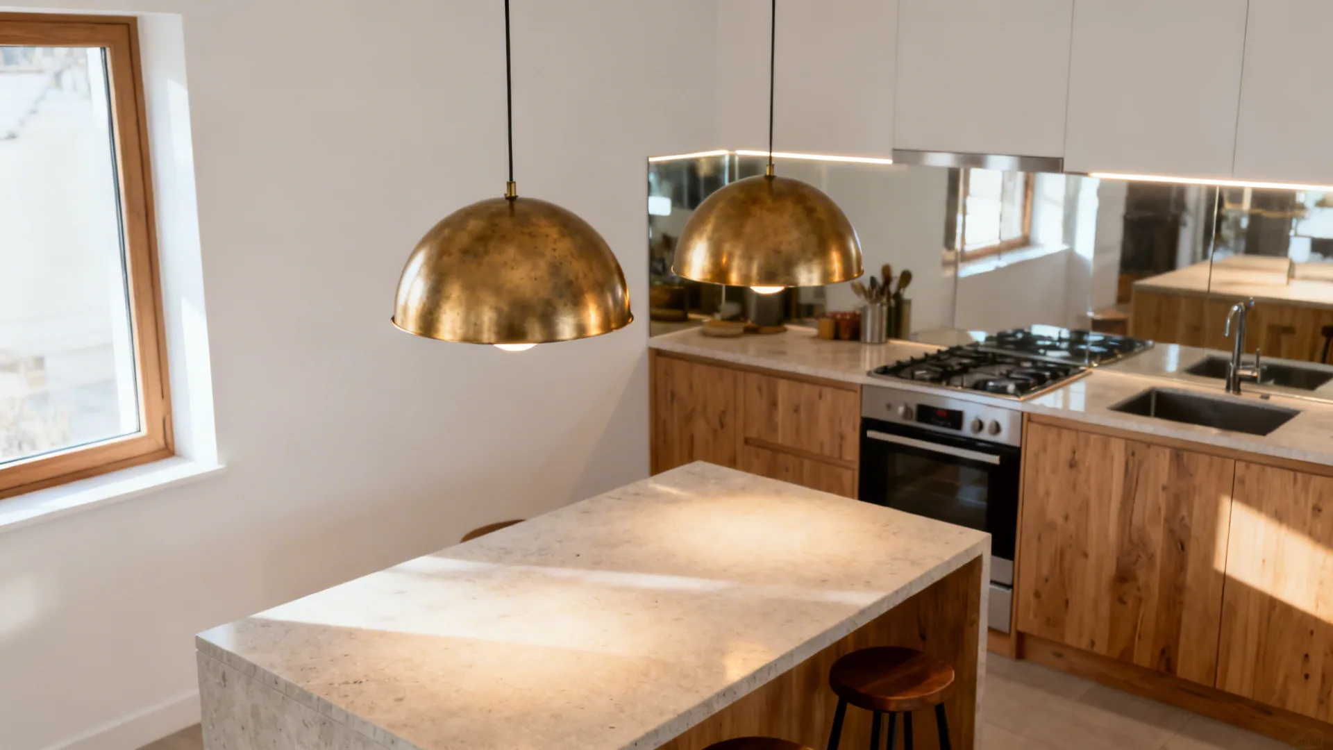 Warm metal pendants over the island
