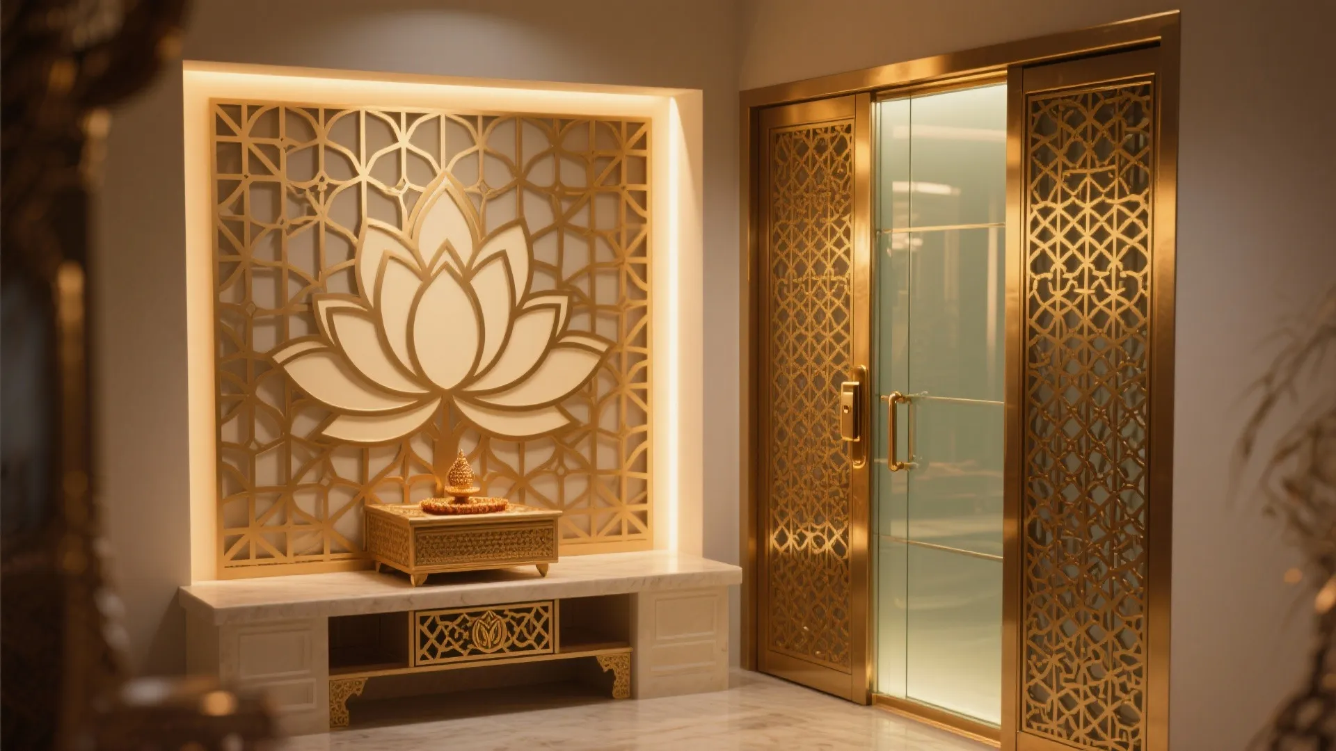 Brass Jaali Screens with Concealed Handles and Backlighting