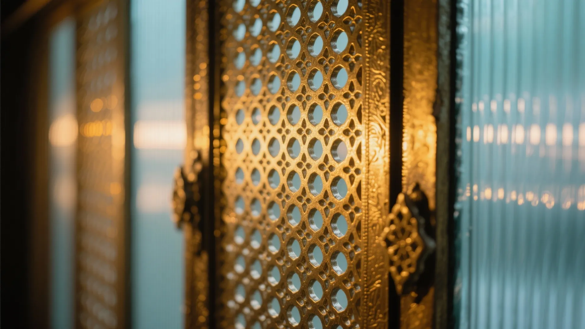 Glass-and-Brass Corner Shrine with Backlit Jaali