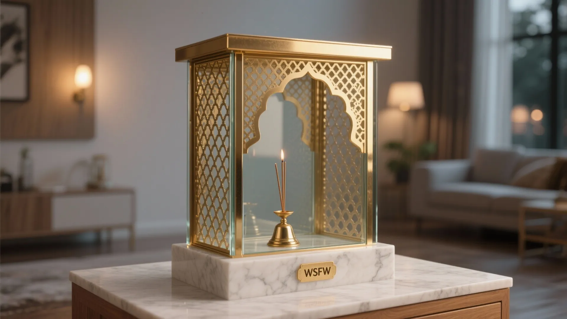 Brass-and-glass mandir with delicate jaali sides