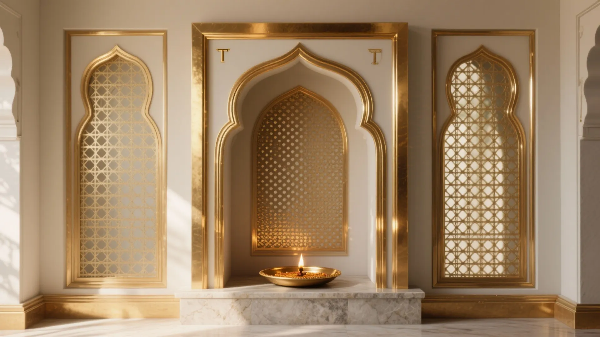Brass-trimmed jali frame for glow and ventilation