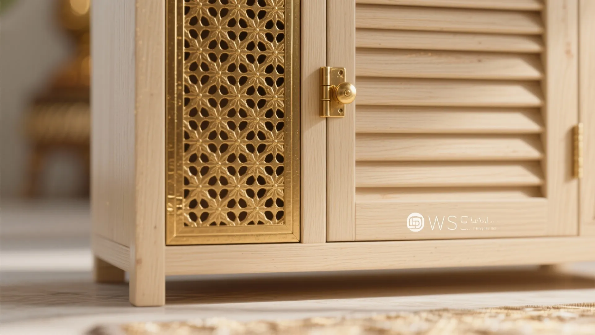 Close-up of a wooden cabinet door with golden metal pattern detail and a small knob