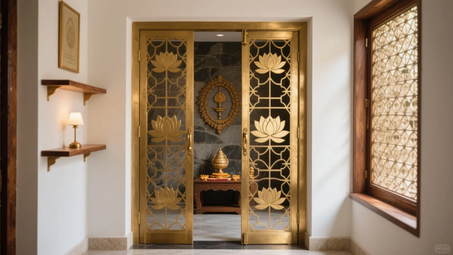Brass Lattice Doors with Temple Motifs