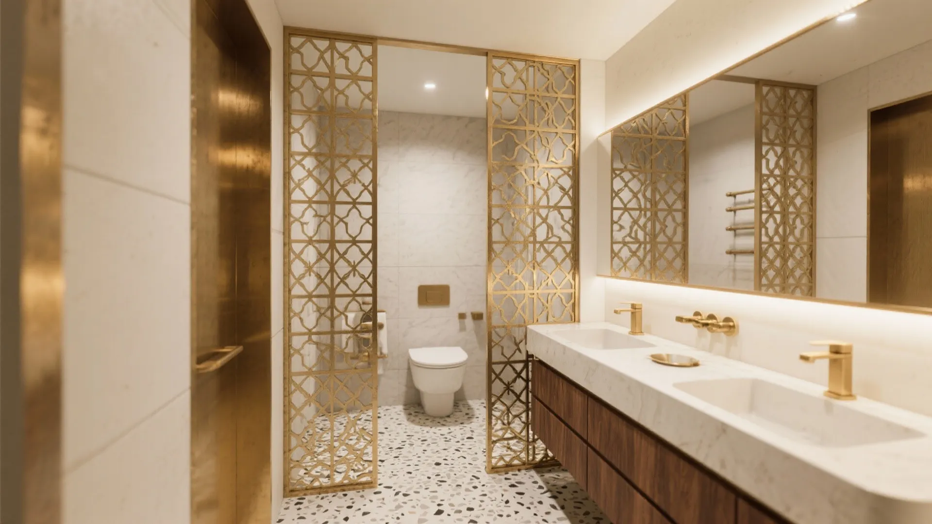 3) Brass lattice jali as a half-height partition