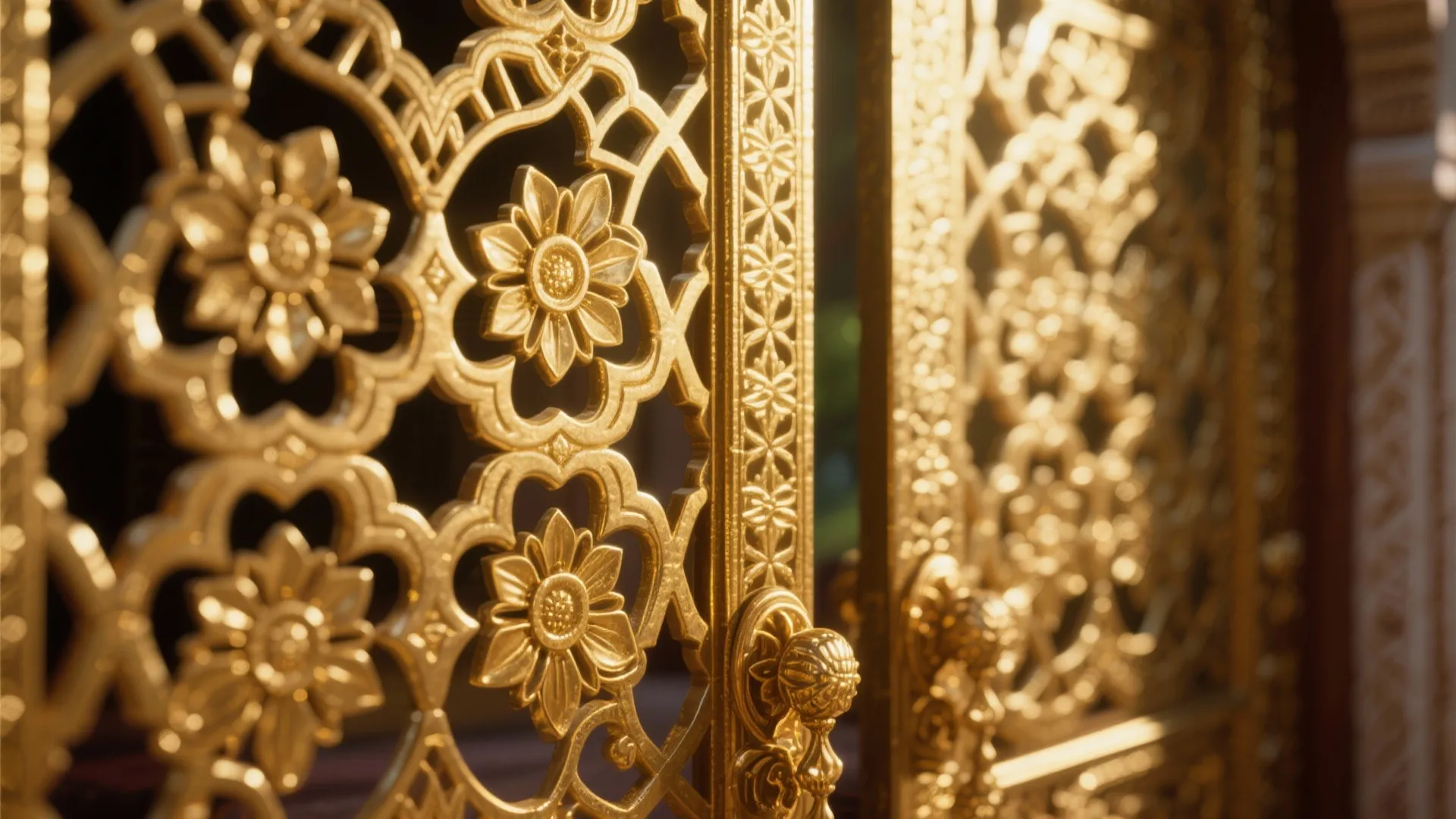 Close up of gold metal gate with flower pattern and small round handle in sunshine