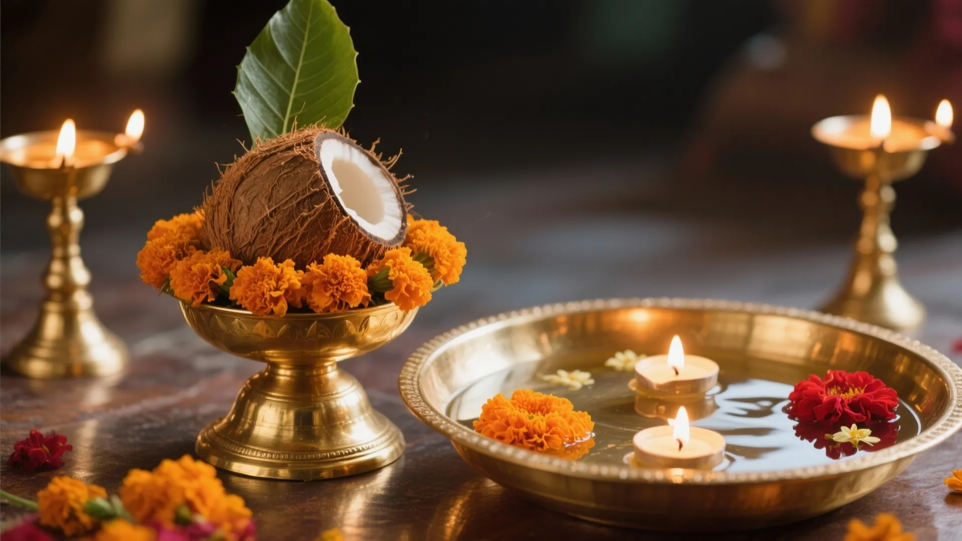 Brass Kalash, Lamps, and Urli Centerpiece