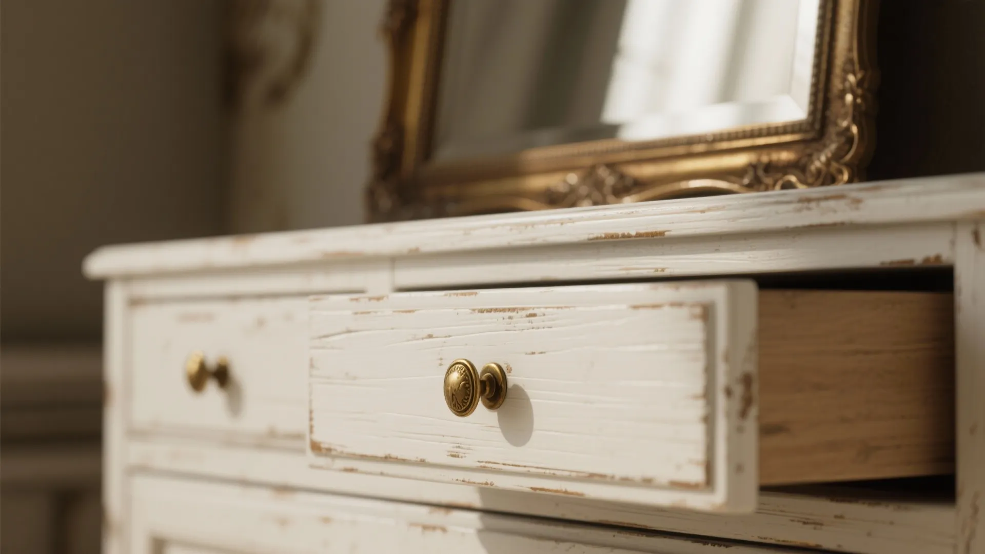 3. Antique white cabinet with brass hardware and vintage mirror