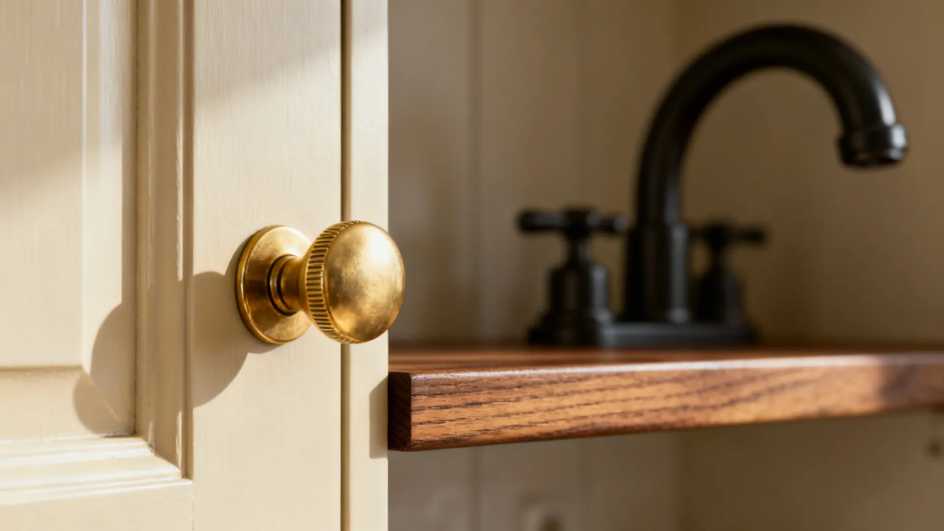 Close-up of a brushed brass knob on a light cabinet with warm wood and black accents behind.