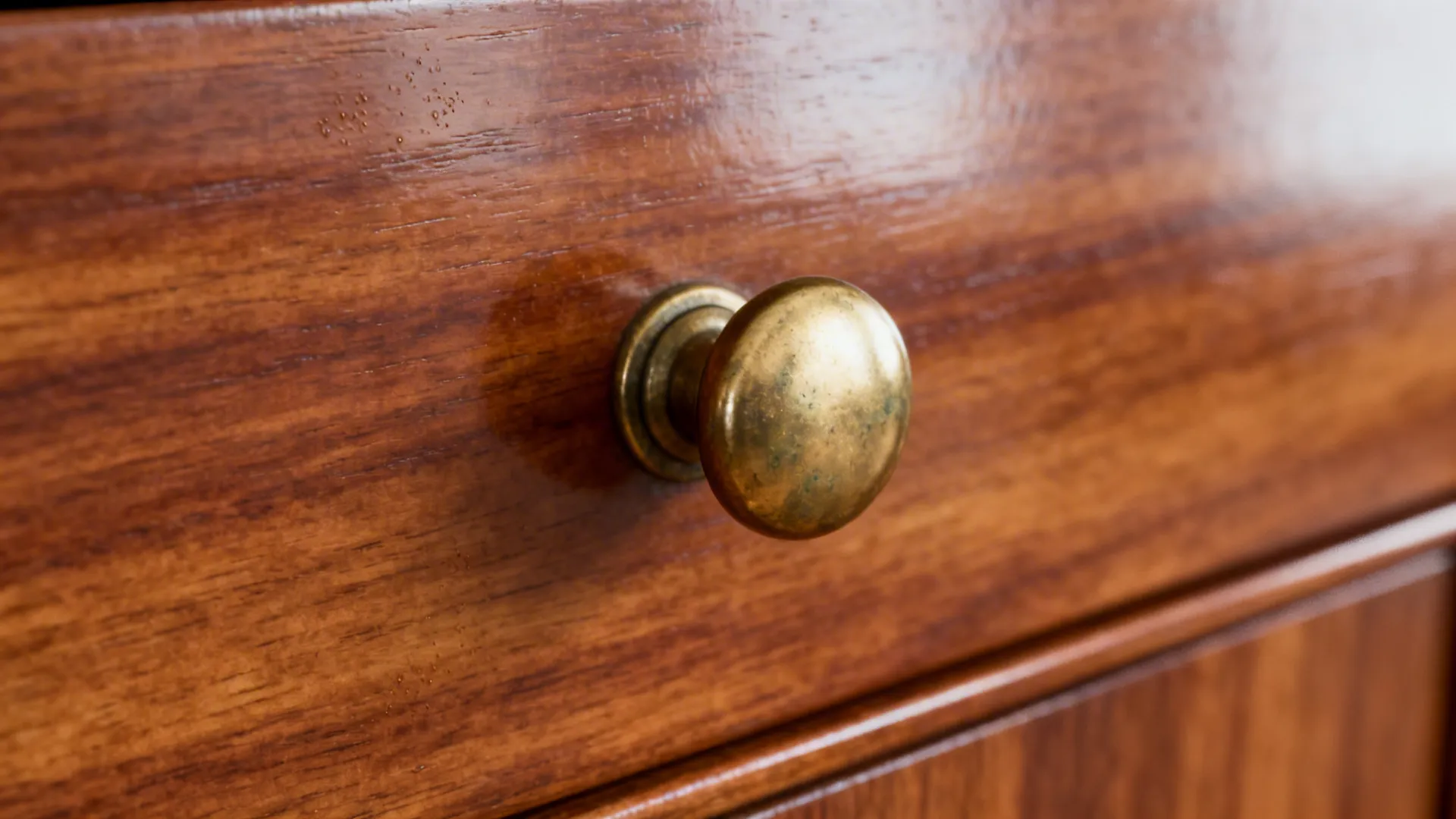 Macro of a brass knob with gentle patina on teak veneer cabinetry.