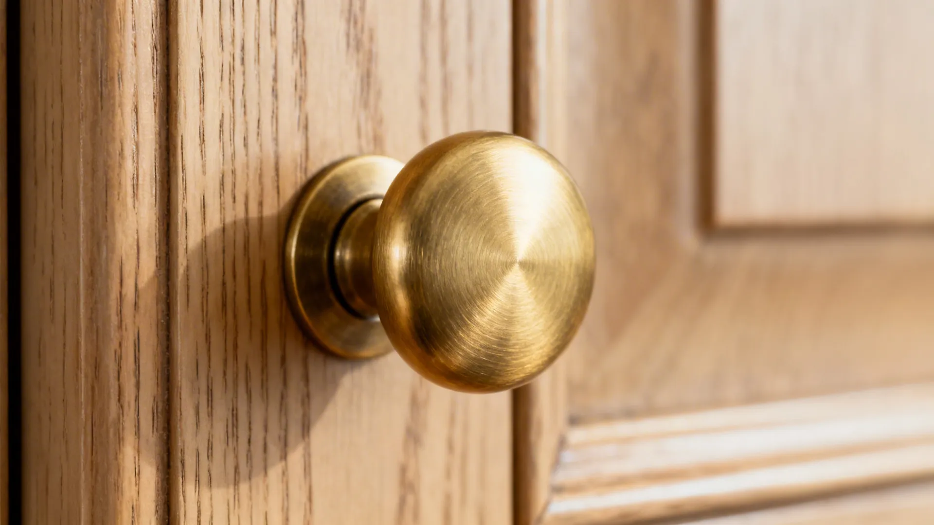 Macro detail of a brushed brass cabinet knob on a shaker door.