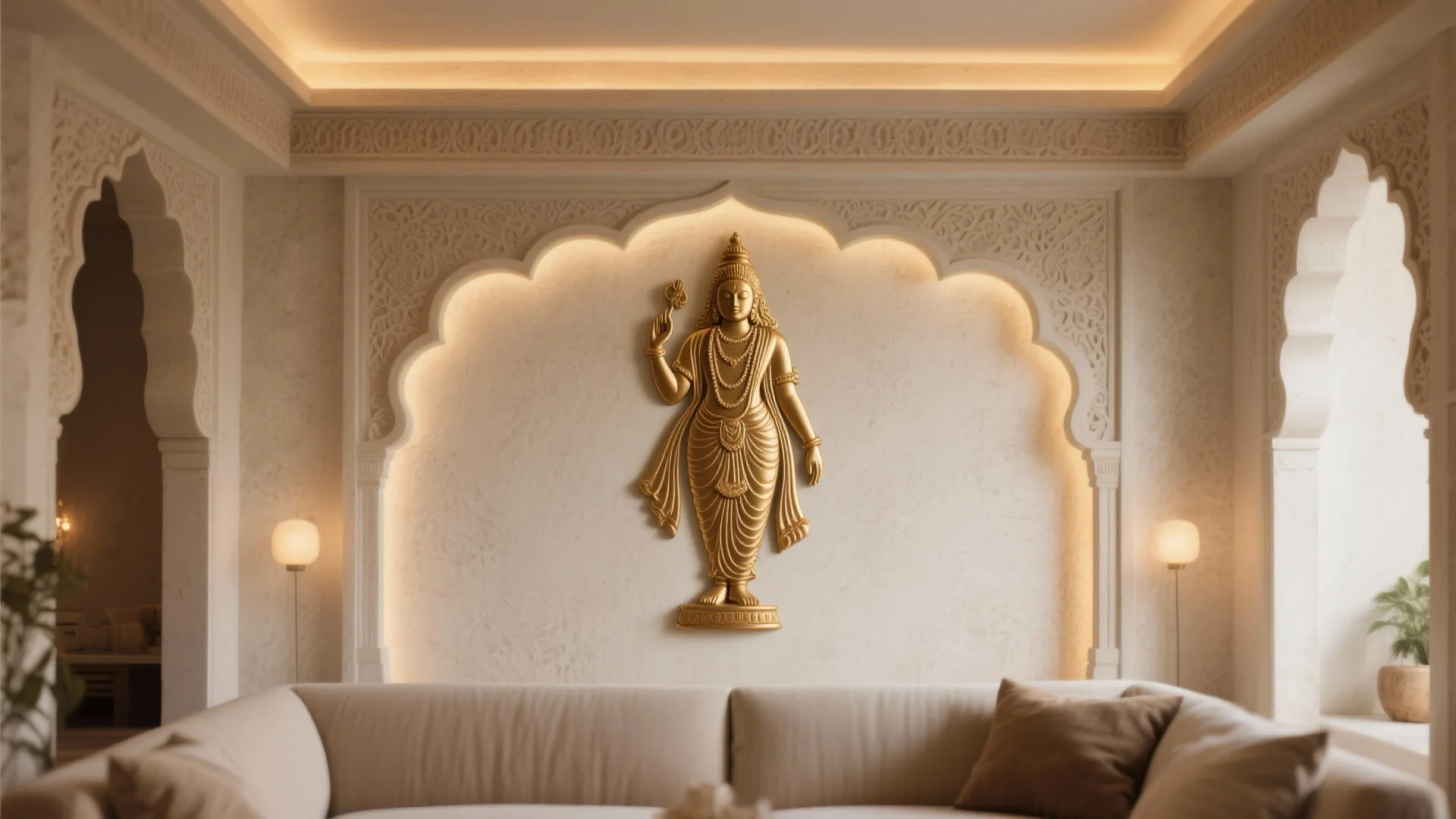 Ornate interior design drawing showing gold wall decor, warm lighting, white sofa, and arched details