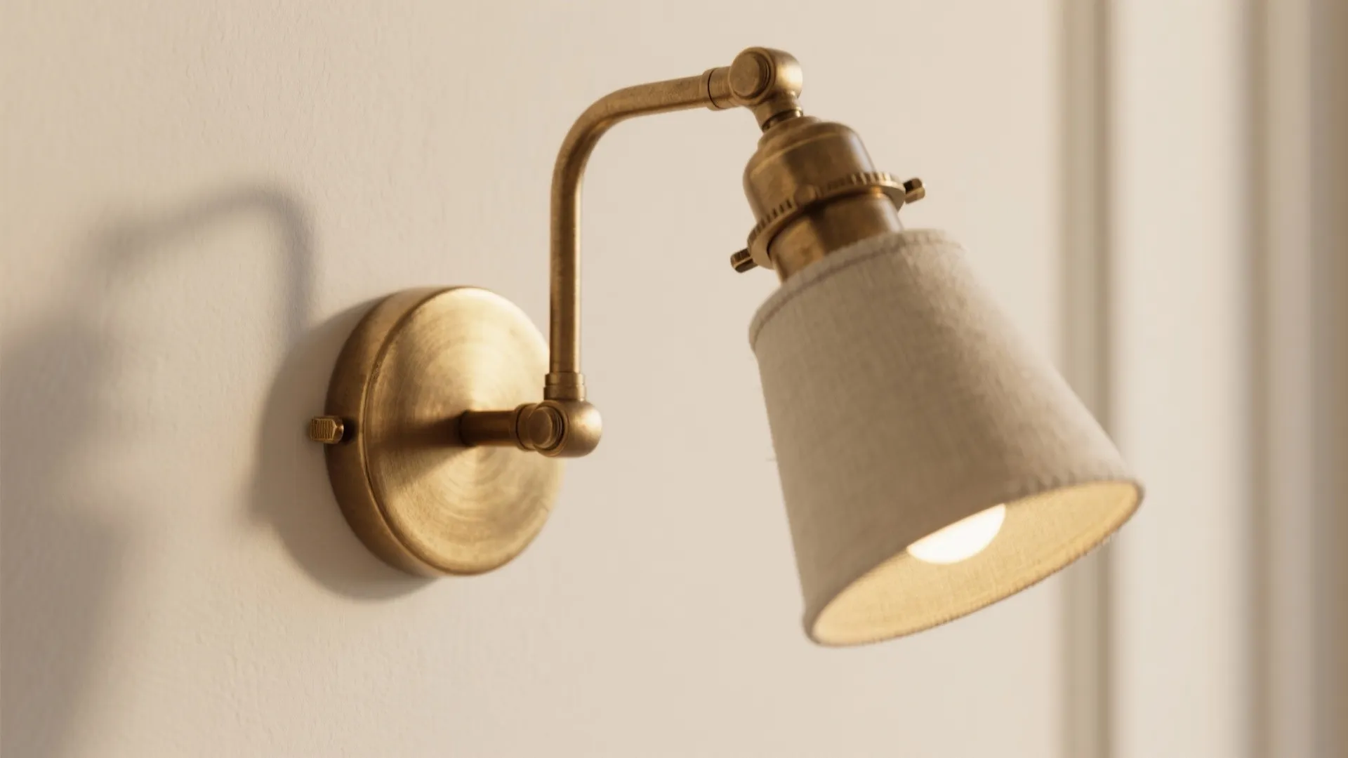Close up of a brass wall light with white fabric shade mounted on a white wall