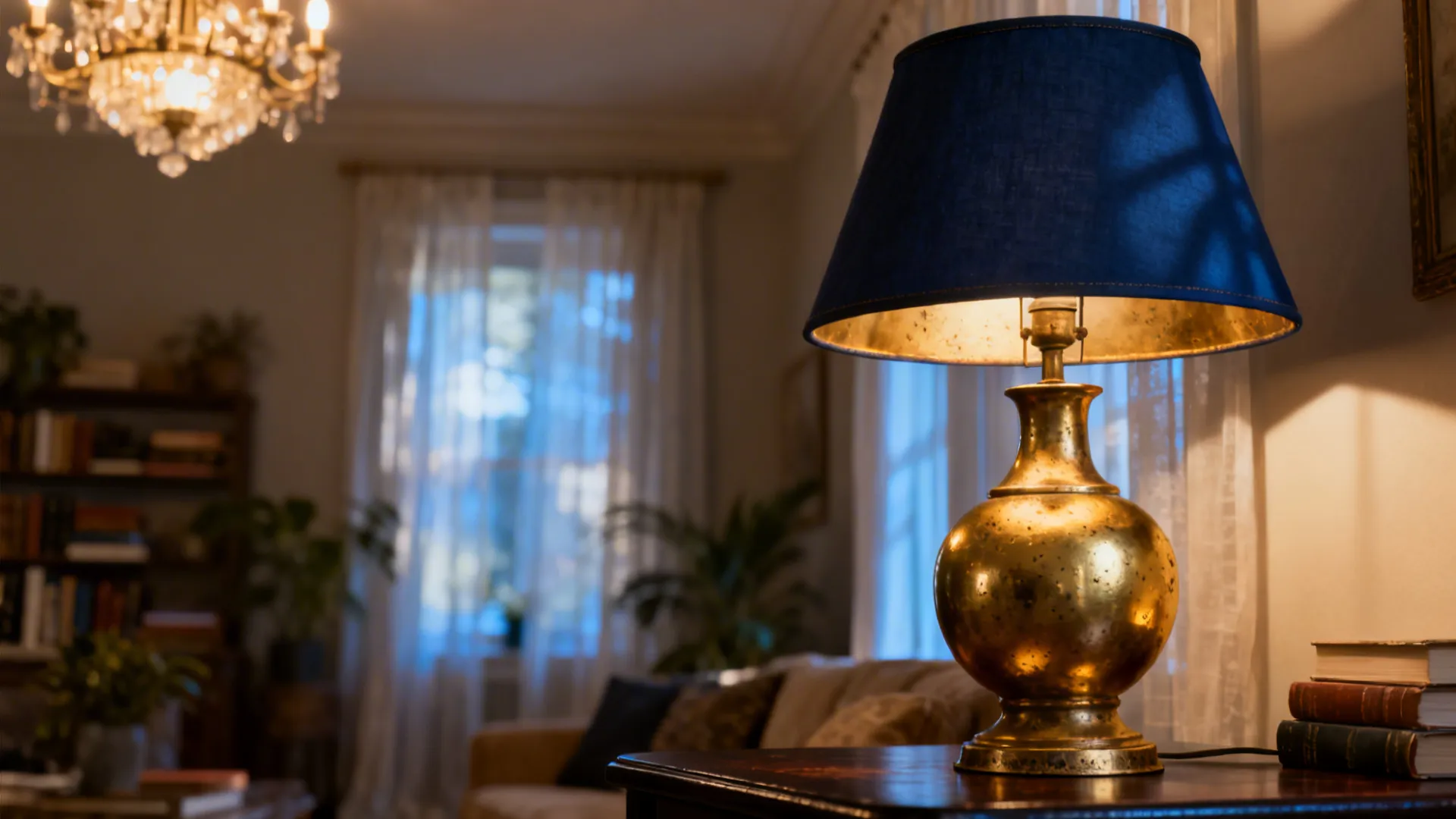Brass table lamp with blue shade on wooden desk with ceiling light and sofa background